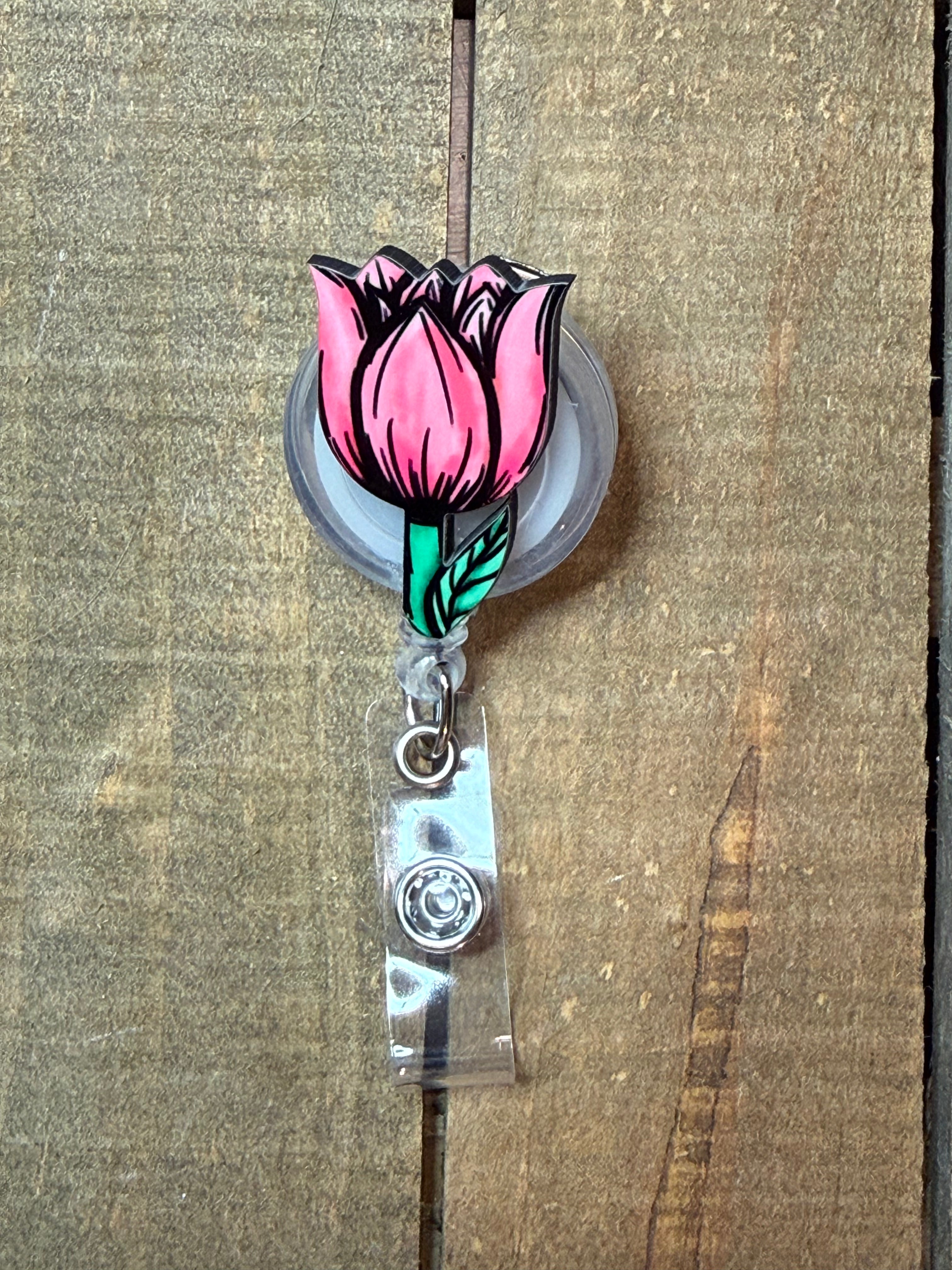 Pink Tulip Badge Reel | Floral Wooden Badge Reel | Retractable ID Holder