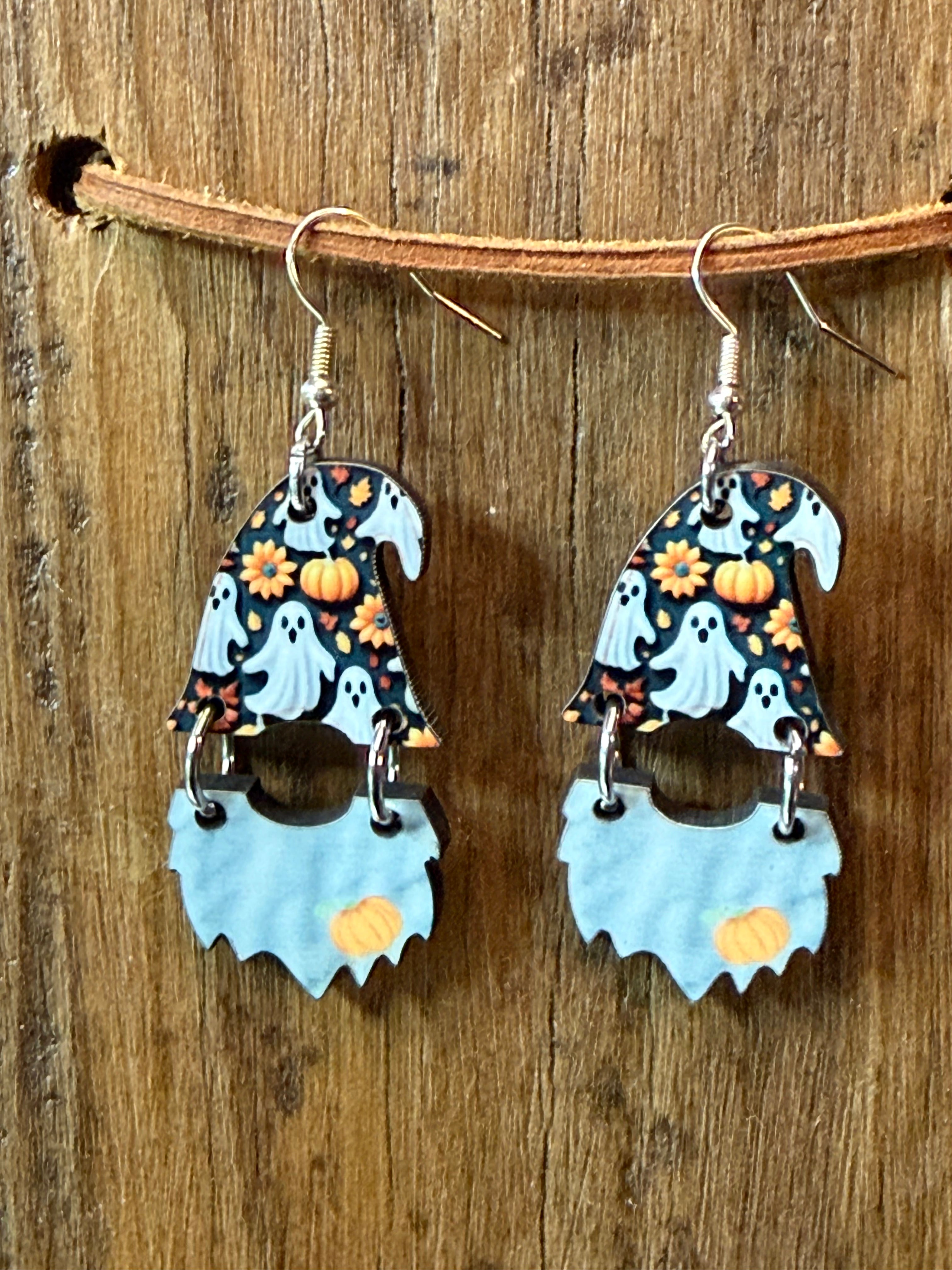 Halloween Ghost Hat Gnome Wood Dangle Earrings – Lightweight Fall Statement Earrings with Nickel-Free Hooks