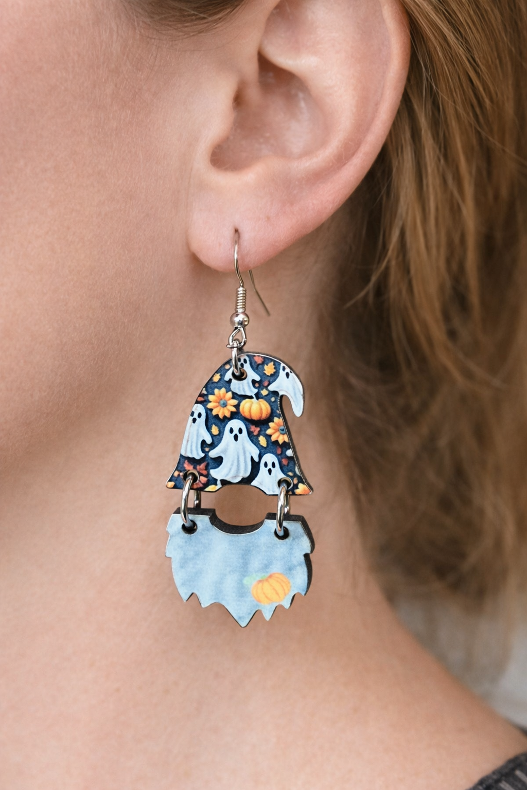 Halloween Ghost Hat Gnome Wood Dangle Earrings – Lightweight Fall Statement Earrings with Nickel-Free Hooks