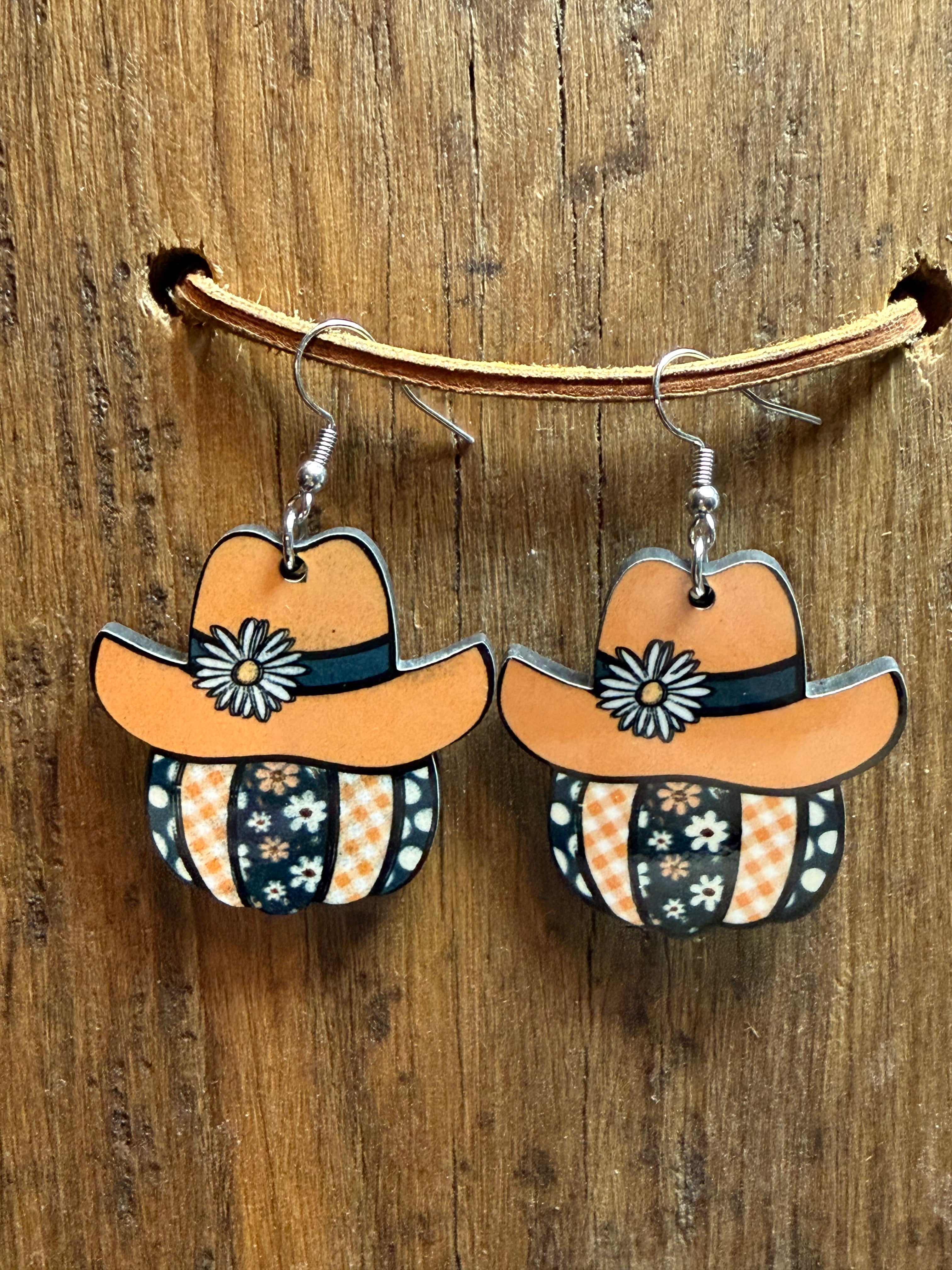 Fall Floral Cowboy Pumpkin Wood Earrings – Nickel Free Hooks – Western Autumn Dangle Earrings