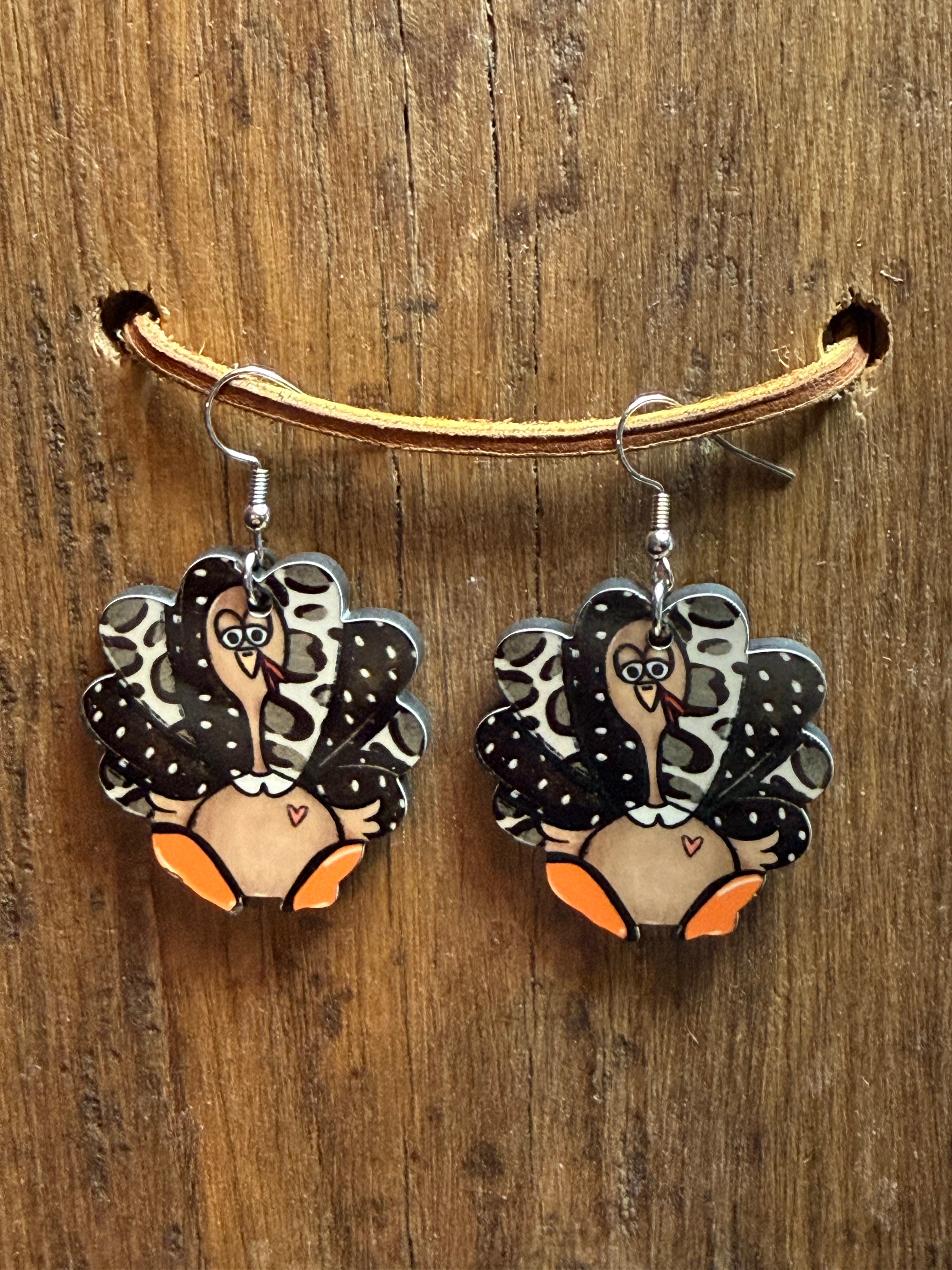 Polka Dot Turkey Wood Earrings – Nickel Free Hooks – Thanksgiving Fall Dangle Earrings