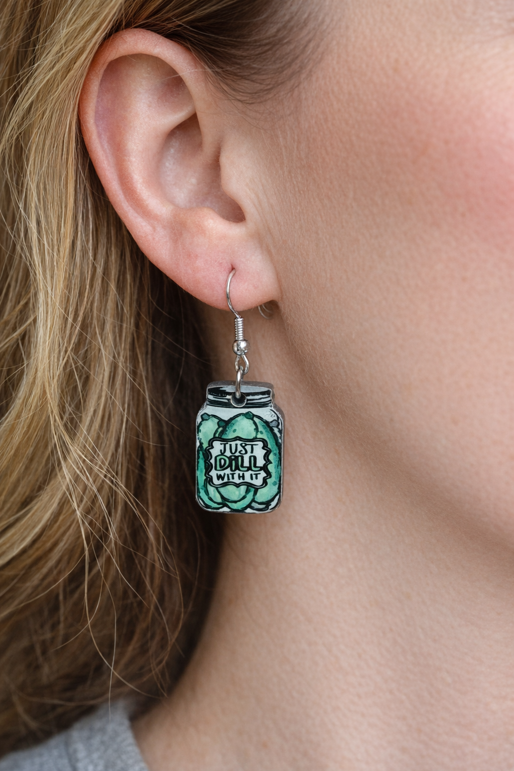 Just Dill With It Pickle Jar Wood Earrings – Funny Food Earrings – Nickel Free Hooks