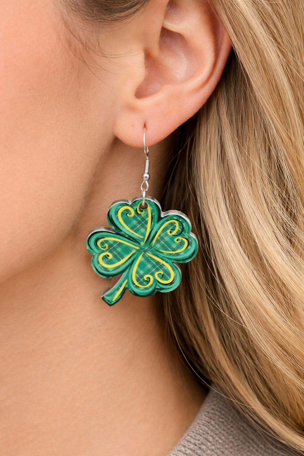 Shamrock Wood Earrings – Nickel Free Metal – St. Patrick’s Day Dangle Earrings