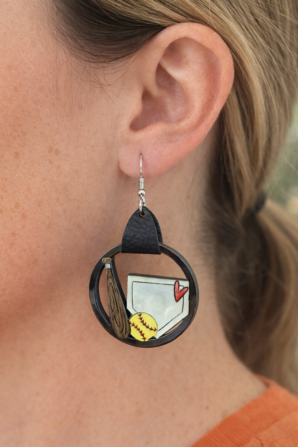 Softball Bat & Diamond Wood Earrings – Faux Leather Strap – Nickel Free Hooks – Lightweight Game Day Jewelry