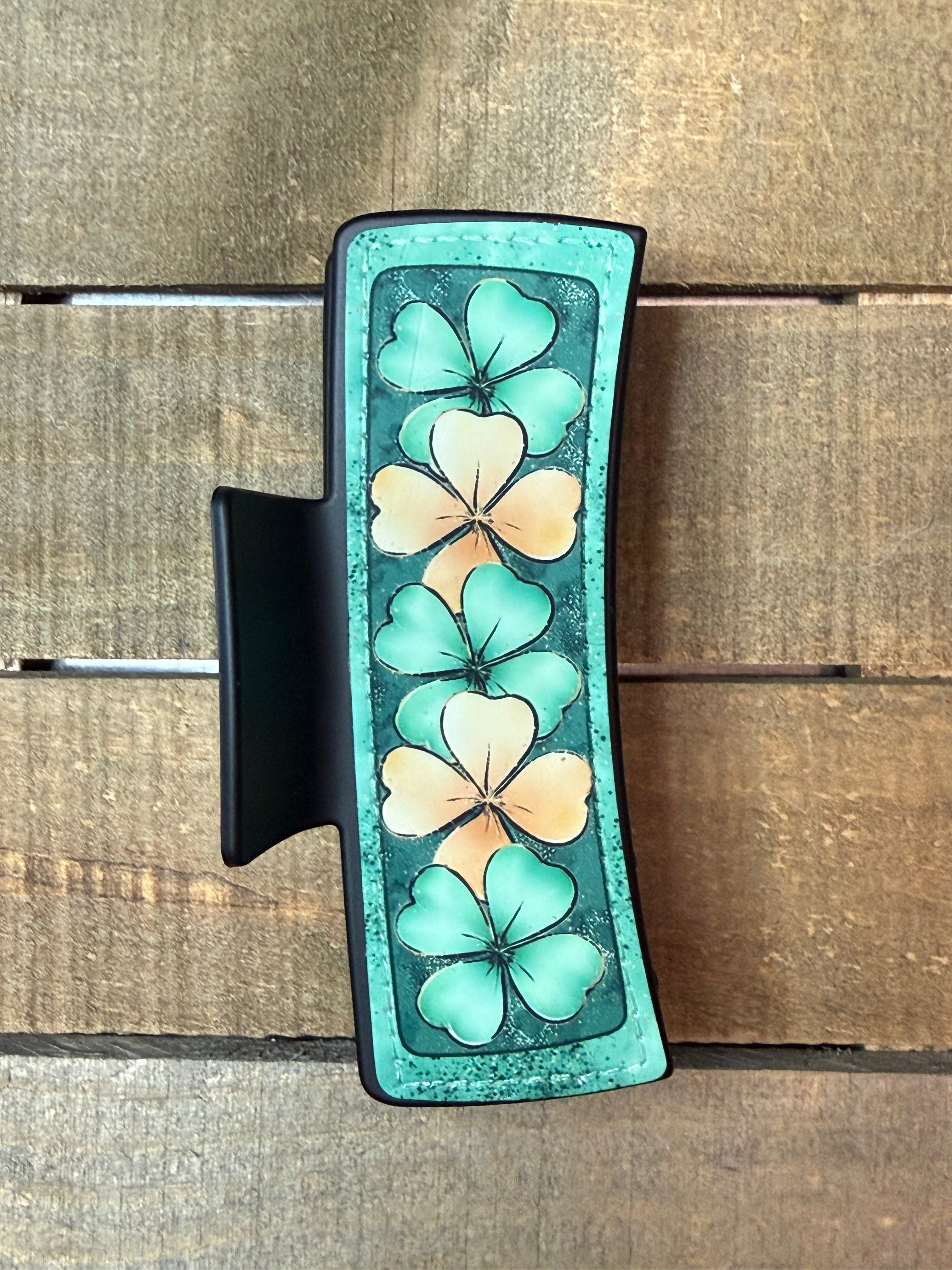 St. Patrick’s Day Shamrock Hair Claw Clip – Green & Gold Clover Design