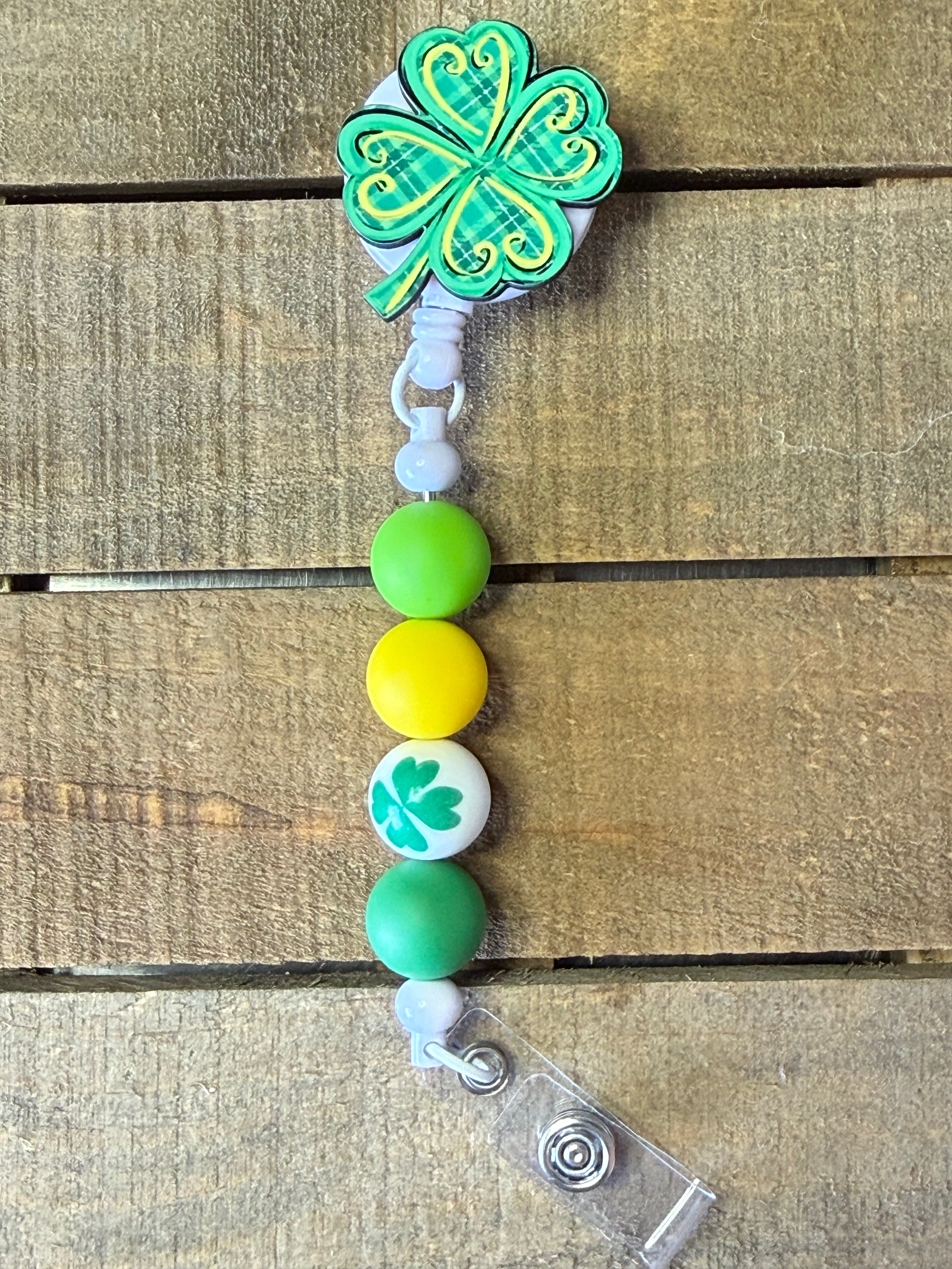Shamrock Badge Reel Holder – St. Patrick’s Day Beaded ID Holder – Retractable Nurse & Teacher Badge Clip
