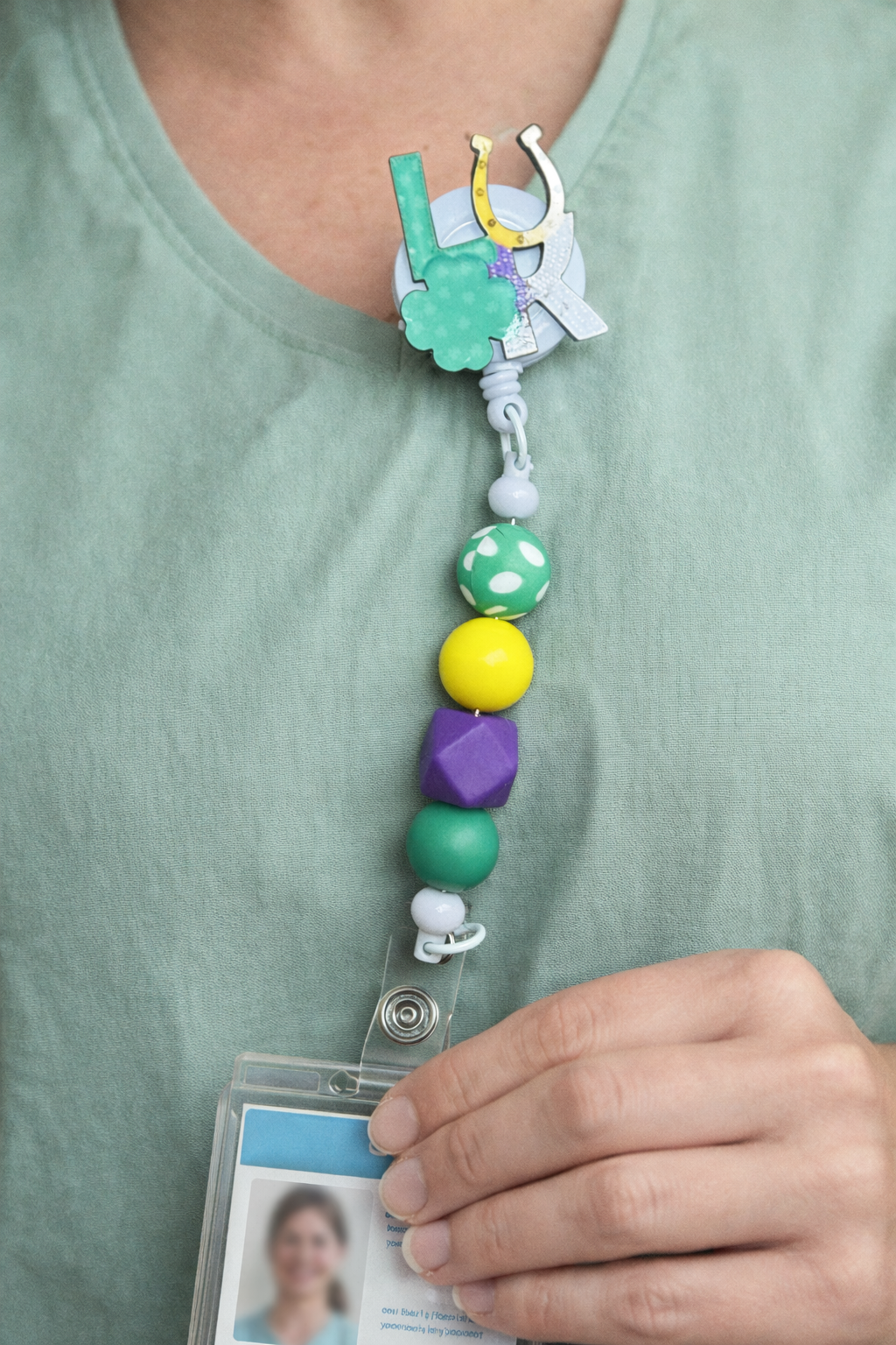 🍀 Lucky “LR” Shamrock Beaded Badge Reel 🍀