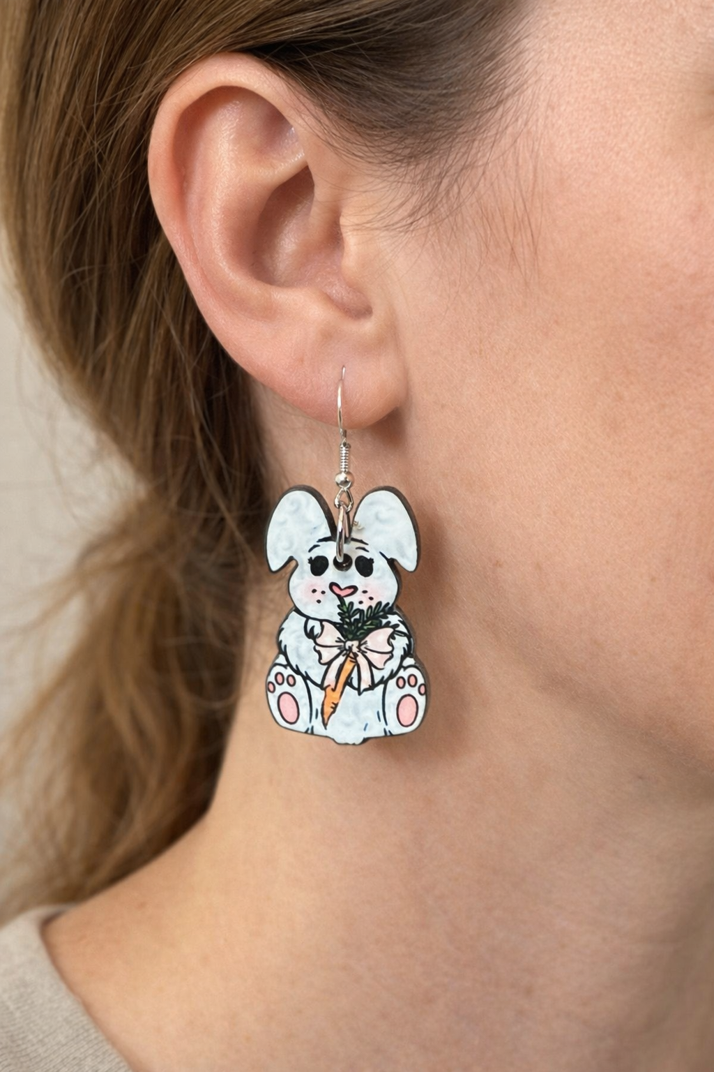 Chubby Bunny Wood Earrings – Easter Bunny Earrings – Cute Spring Bunny Earrings – Lightweight Wood Earrings with Nickel-Free Hooks