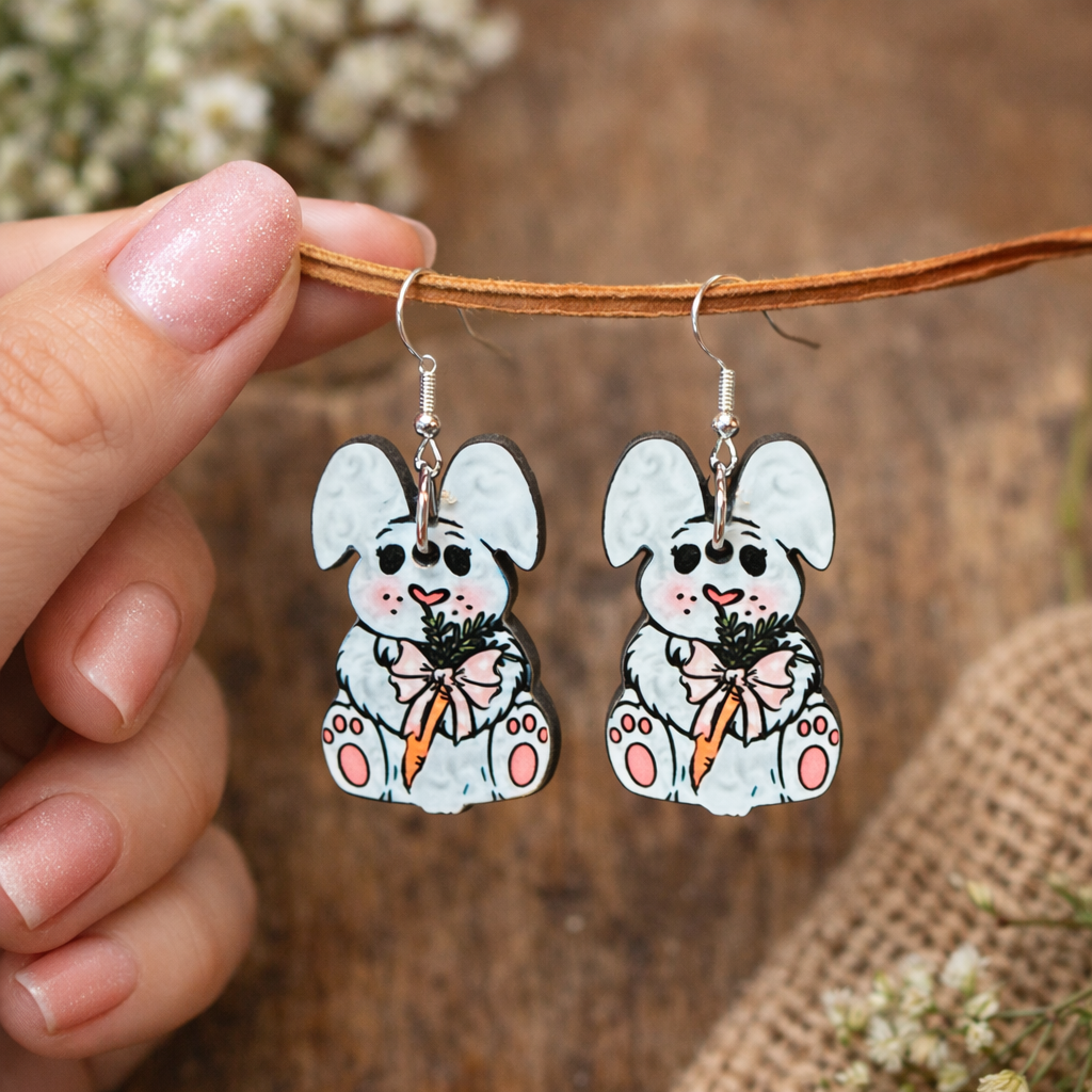 Chubby Bunny Wood Earrings – Easter Bunny Earrings – Cute Spring Bunny Earrings – Lightweight Wood Earrings with Nickel-Free Hooks