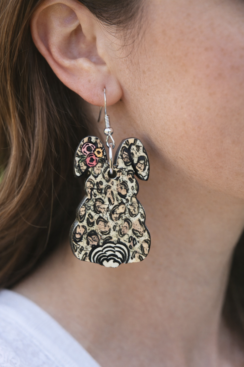 Floral Bunny Wood Earrings – 2” Easter Bunny Dangle Earrings – Spring Wooden Earrings