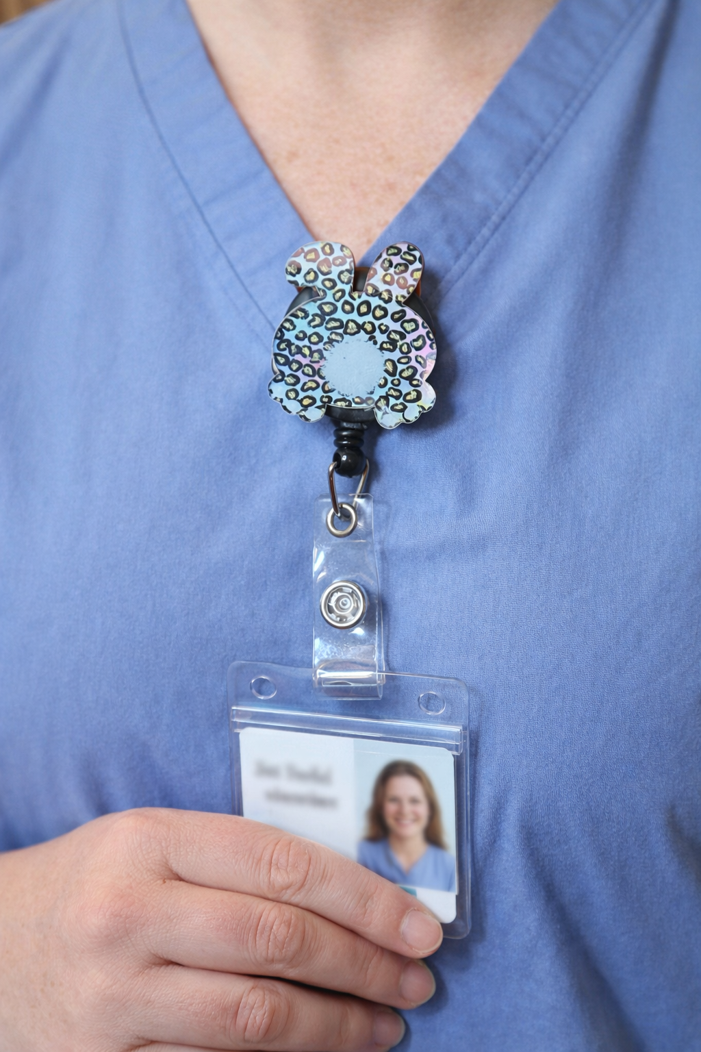 Leopard Bunny Badge Reel – Retractable ID Holder | Cute Easter Badge Reel for Nurses, Teachers & Office Staff