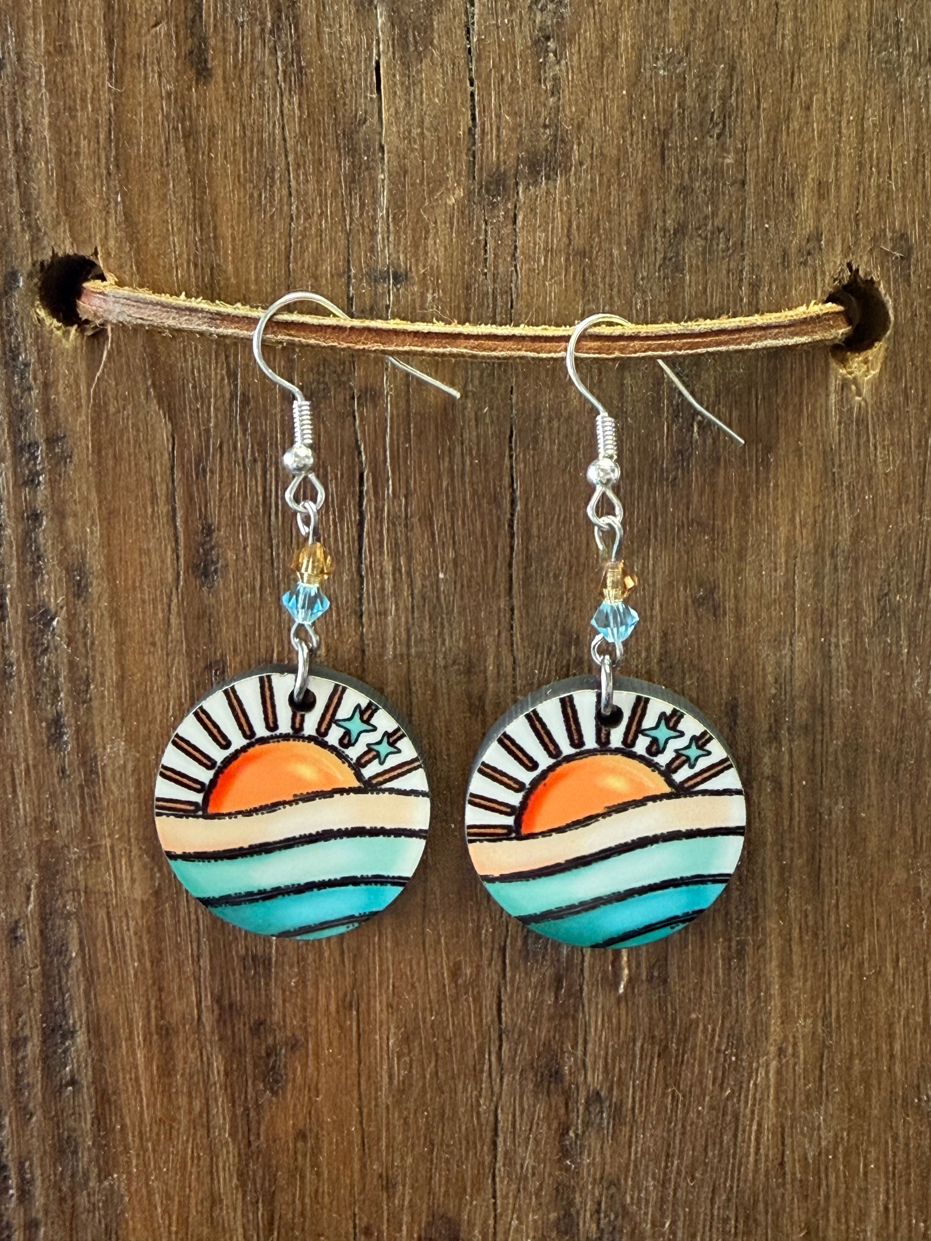 Beach Sunset Wood Dangle Earrings – Ocean Wave Summer Earrings – Coastal Boho Jewelry