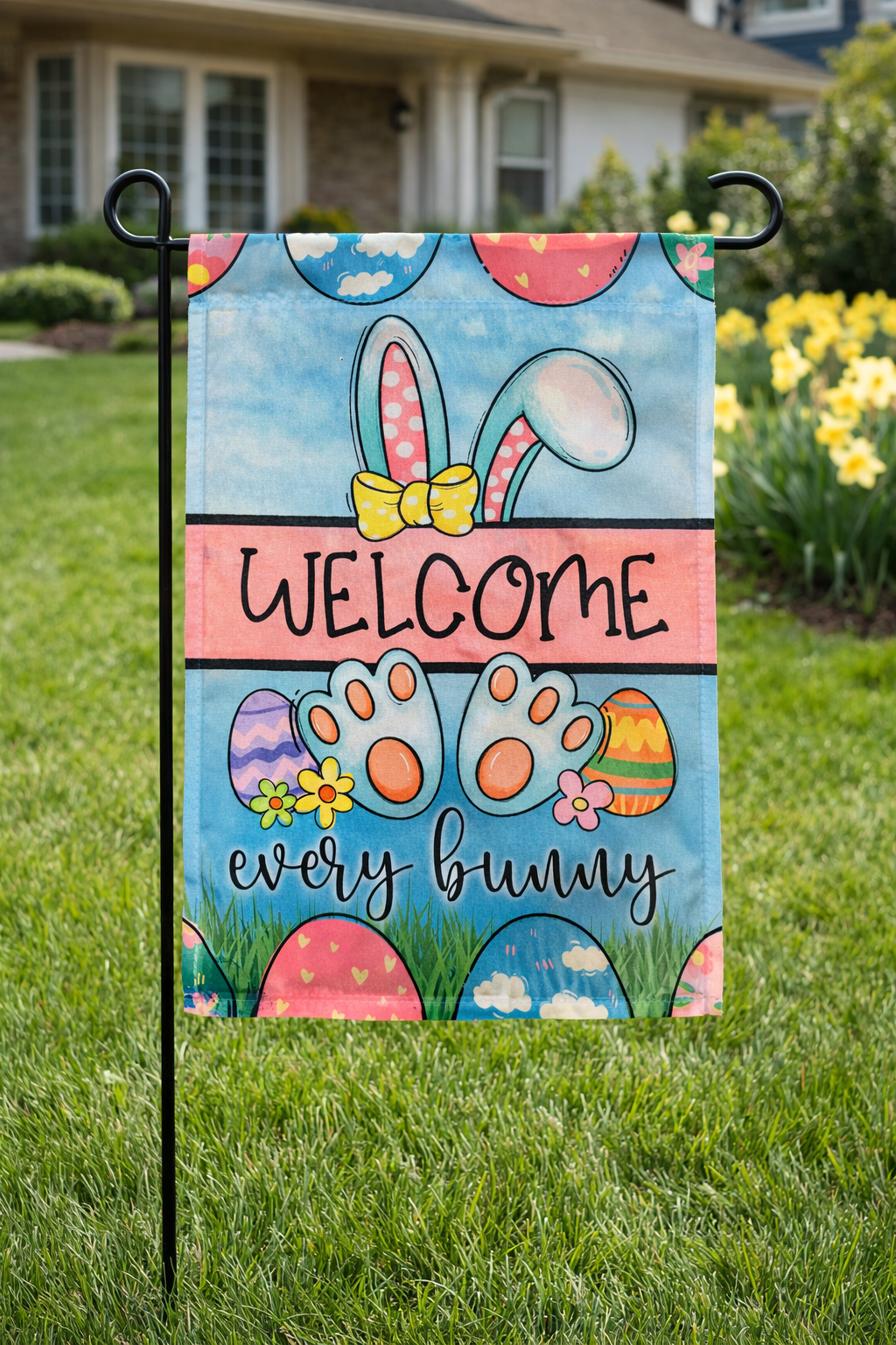 Welcome Every Bunny Easter Garden Flag – Spring Bunny Welcome Flag – Easter Yard Decor – Single Sided Garden Flag