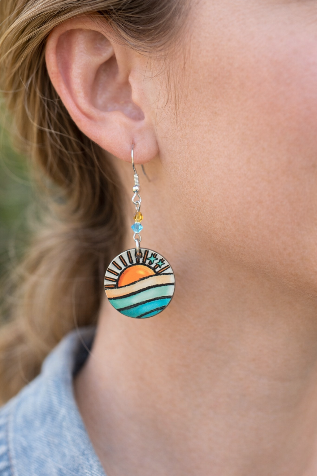 Beach Sunset Wood Dangle Earrings – Ocean Wave Summer Earrings – Coastal Boho Jewelry