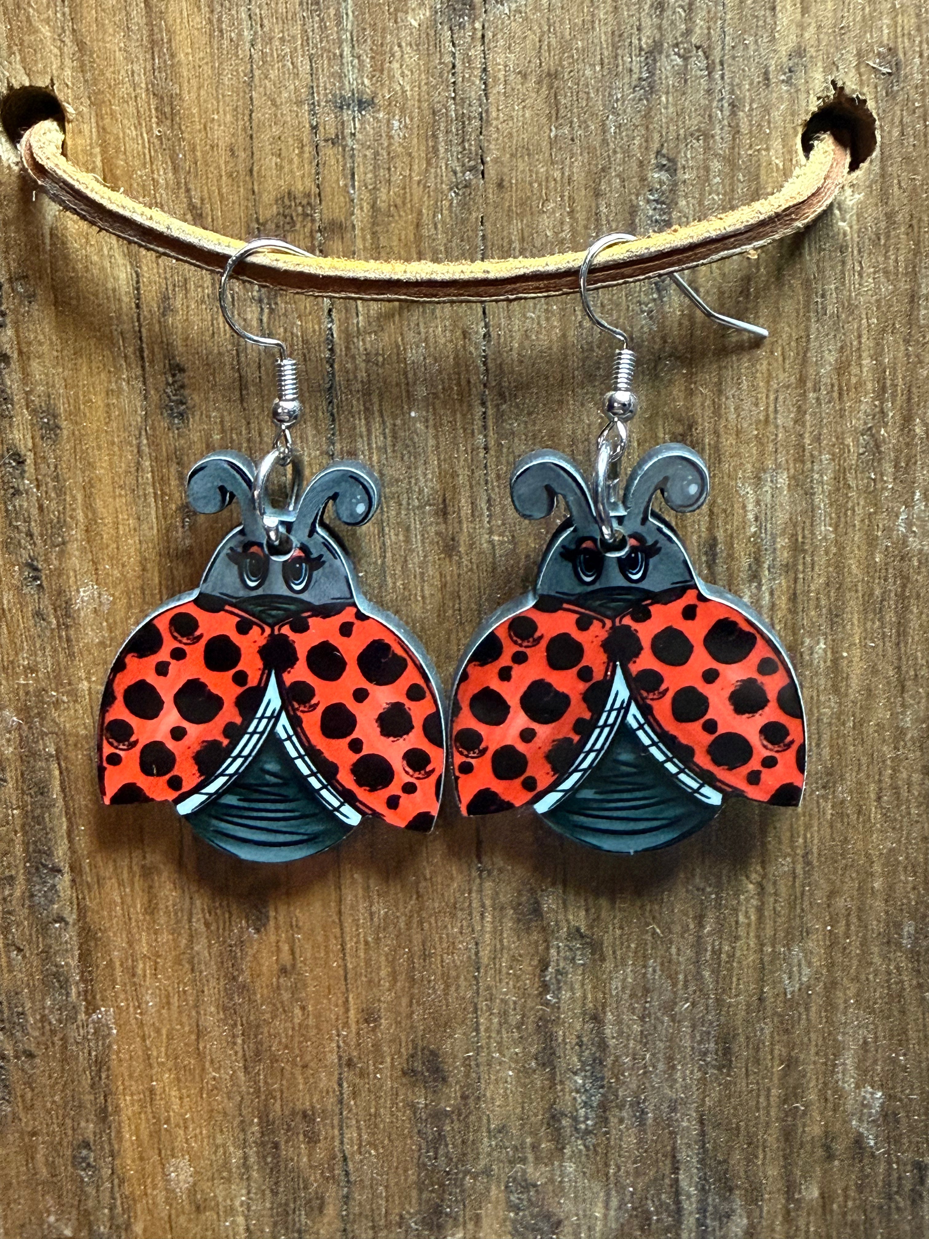 Ladybug Wood Earrings | Nickel-Free Dangle Earrings | Cute Spring Jewelry | Lightweight Nature Earrings