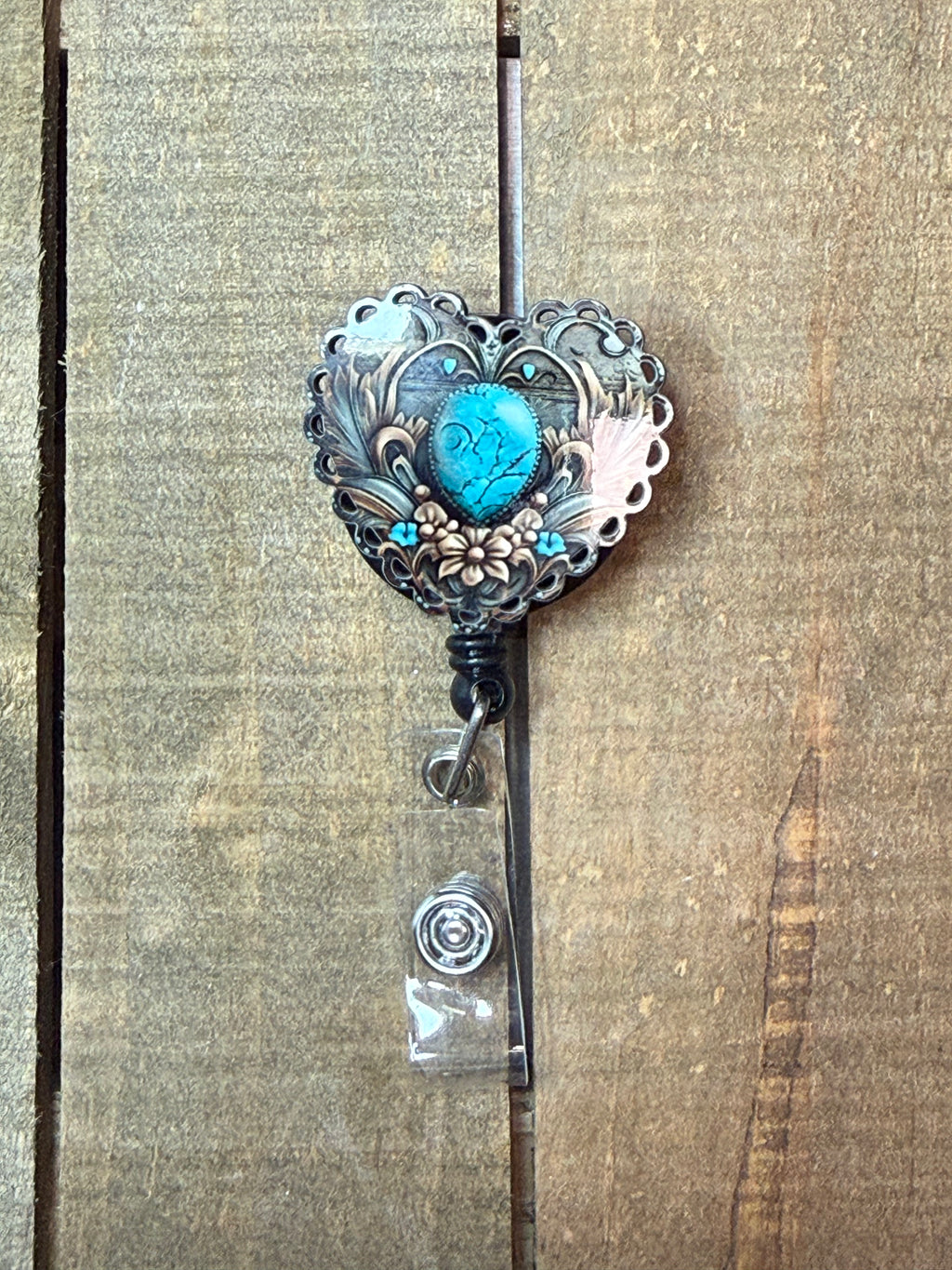 Western Turquoise Heart Badge Reel | Vintage Floral Retractable ID Holder