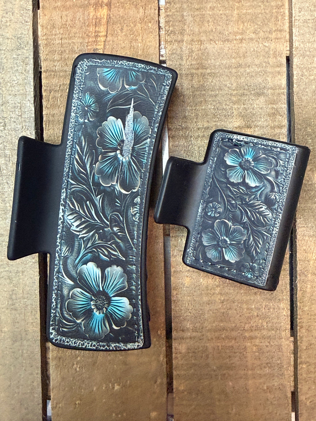 Western Floral Hair Claw Clip – Teal Tooled Leather Style