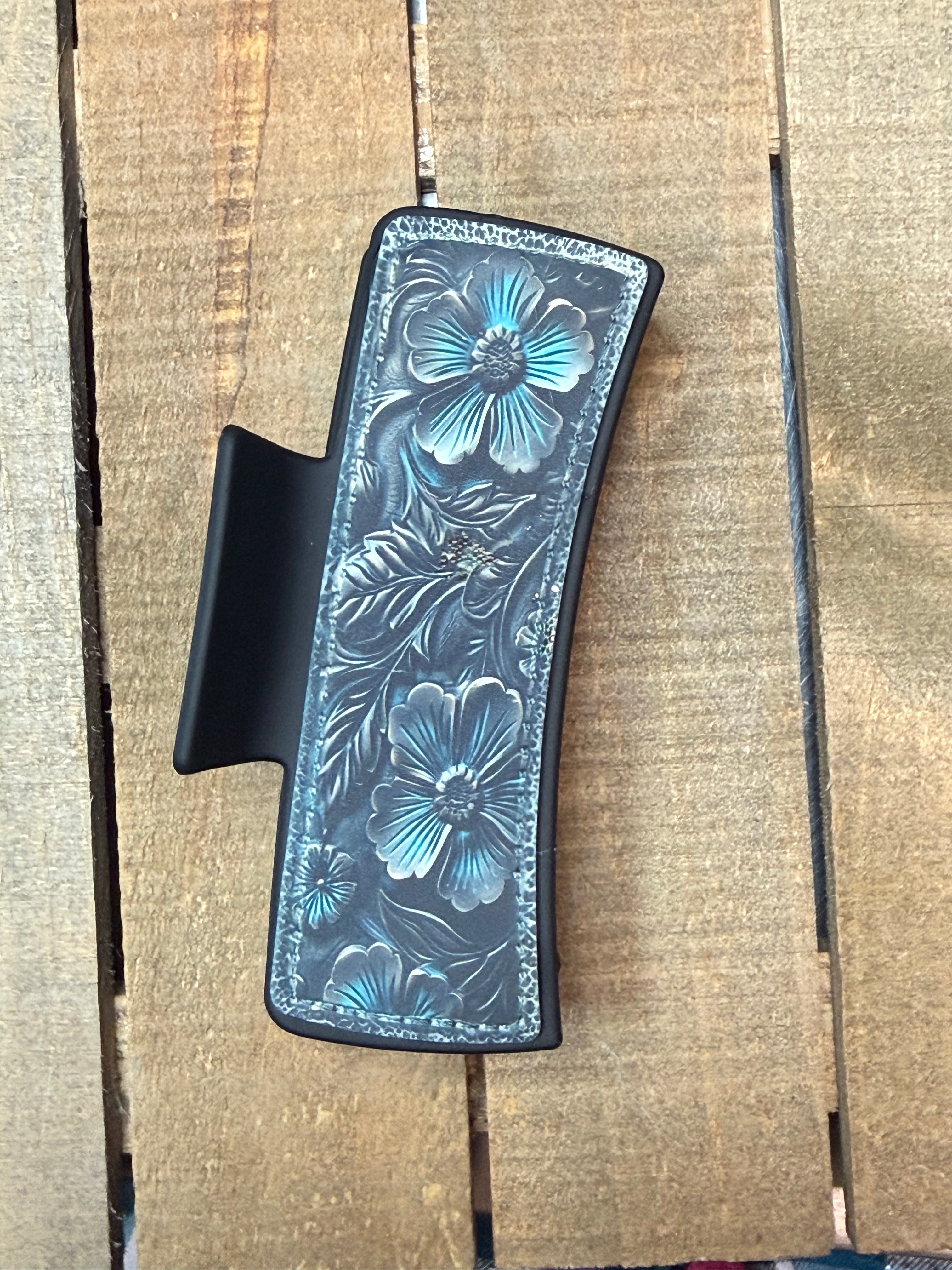 Western Floral Hair Claw Clip – Teal Tooled Leather Style