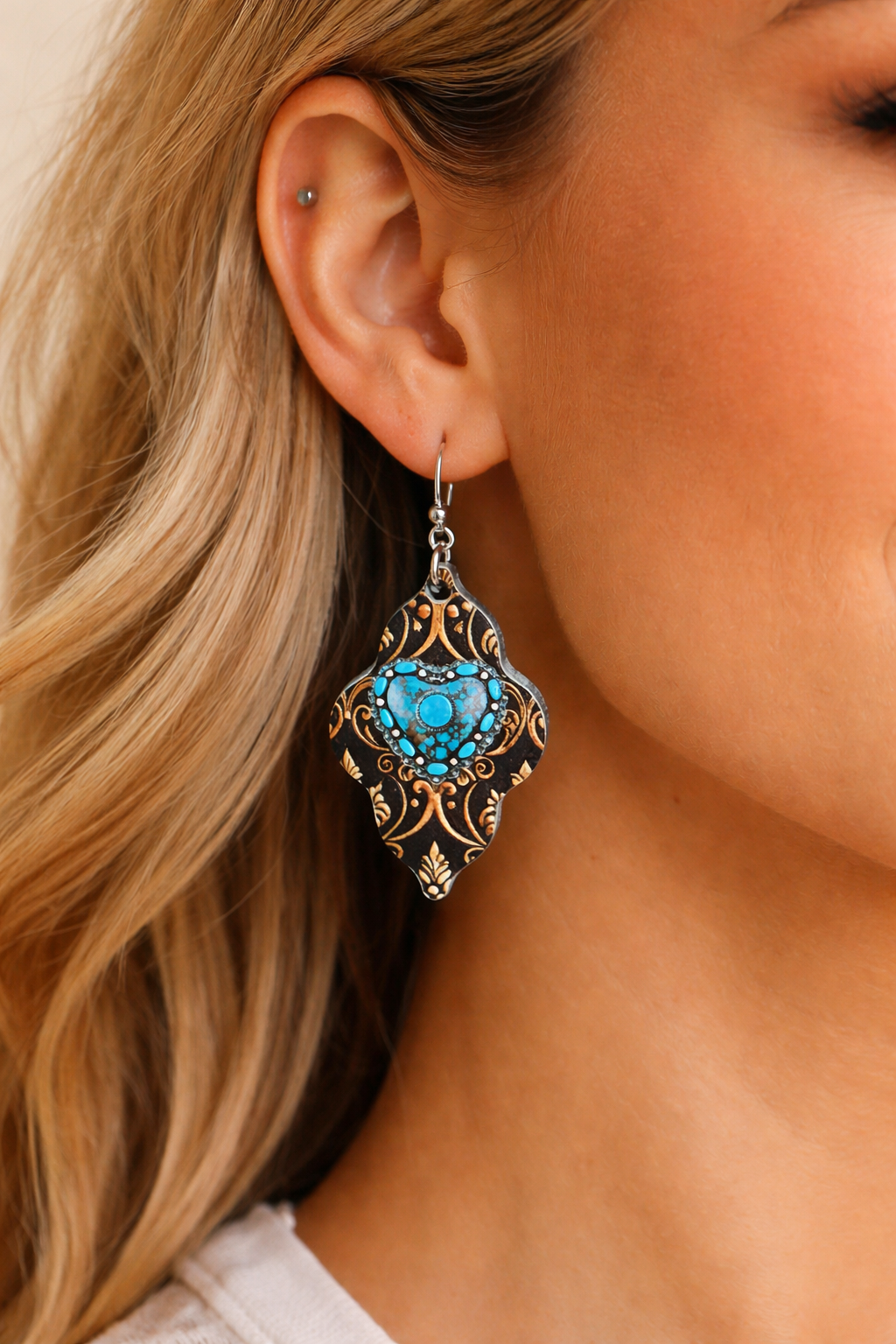 Western Turquoise Heart Wood Earrings – Nickel Free Hooks
