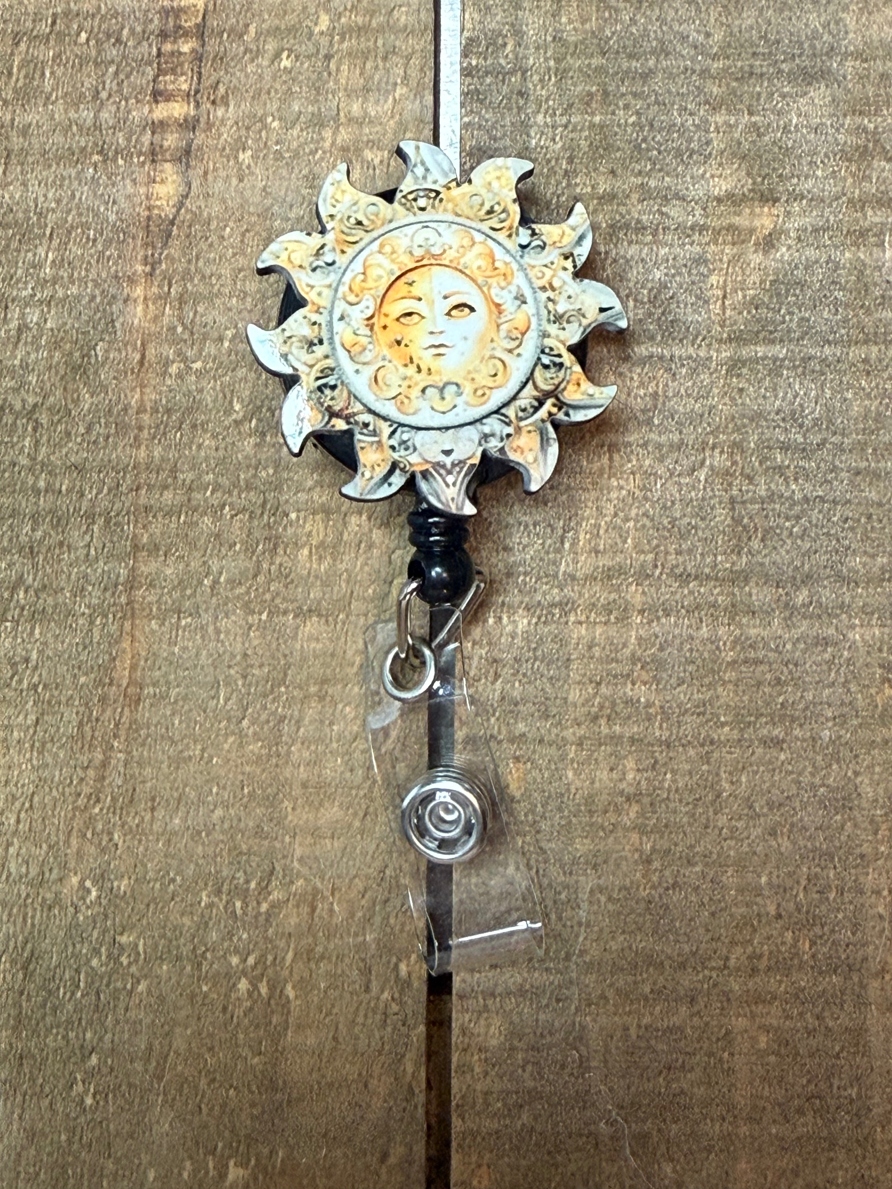 Sun Face Wood Badge Reel | Vintage Boho Retractable ID Holder | Lightweight & Durable