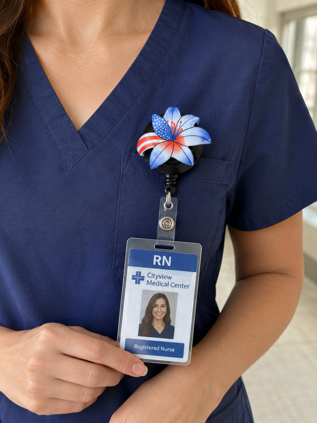 Patriotic Floral Badge Reel | Retractable ID Holder for Nurses & Teachers