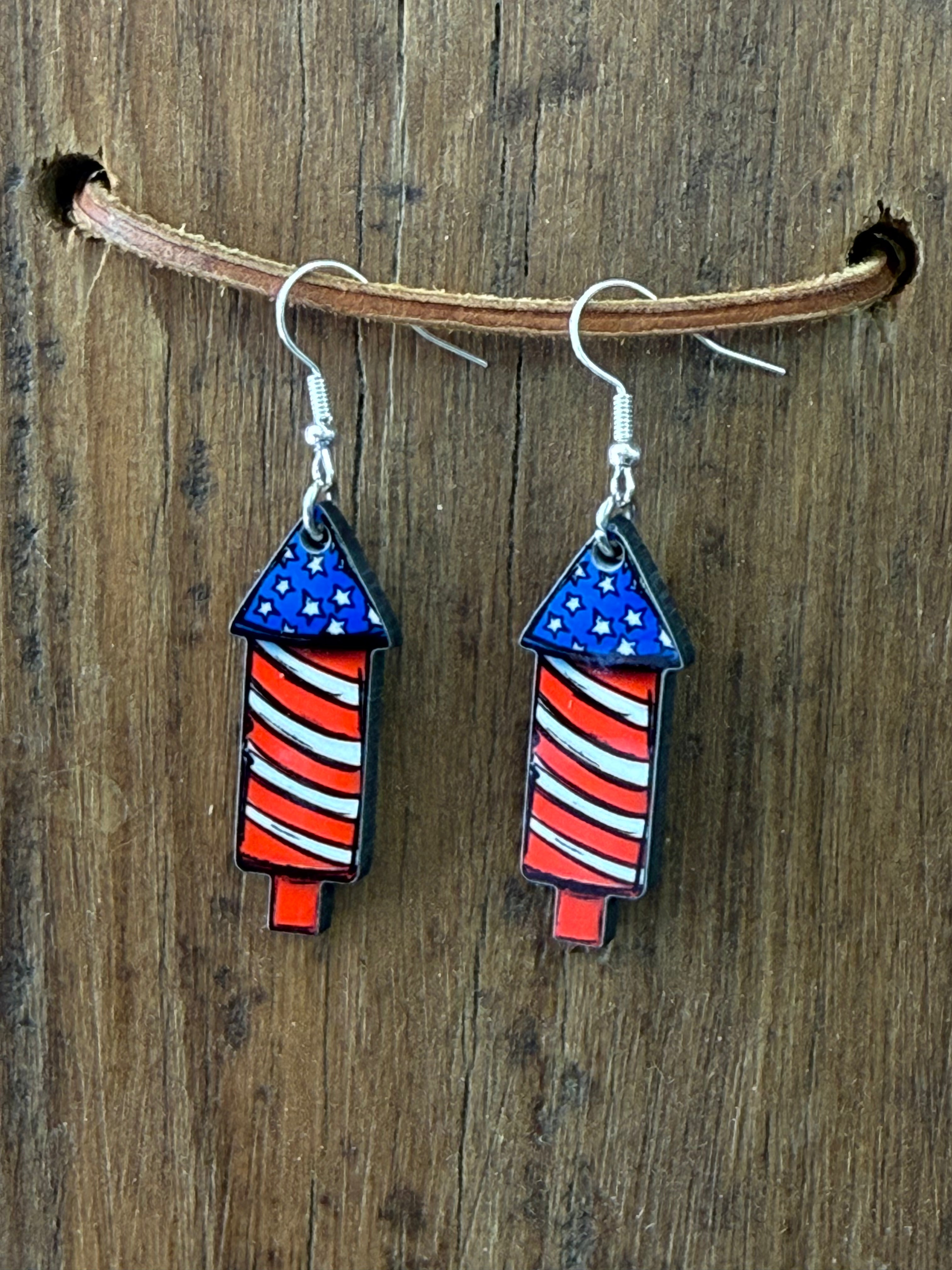 Patriotic Firecracker Wood Earrings – Red, White & Blue Fourth of July Dangle Earrings