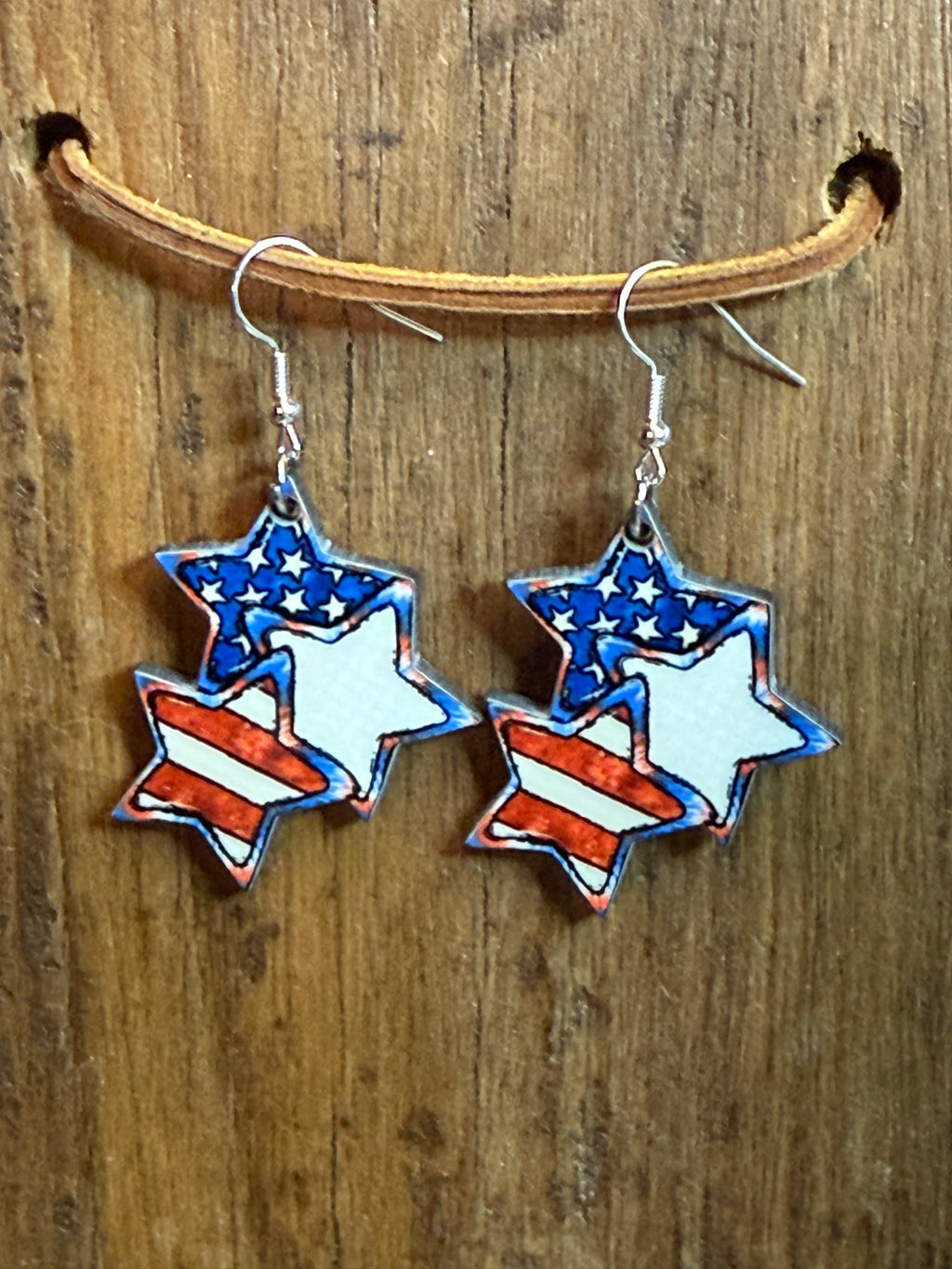 Patriotic Layered Star Wood Earrings