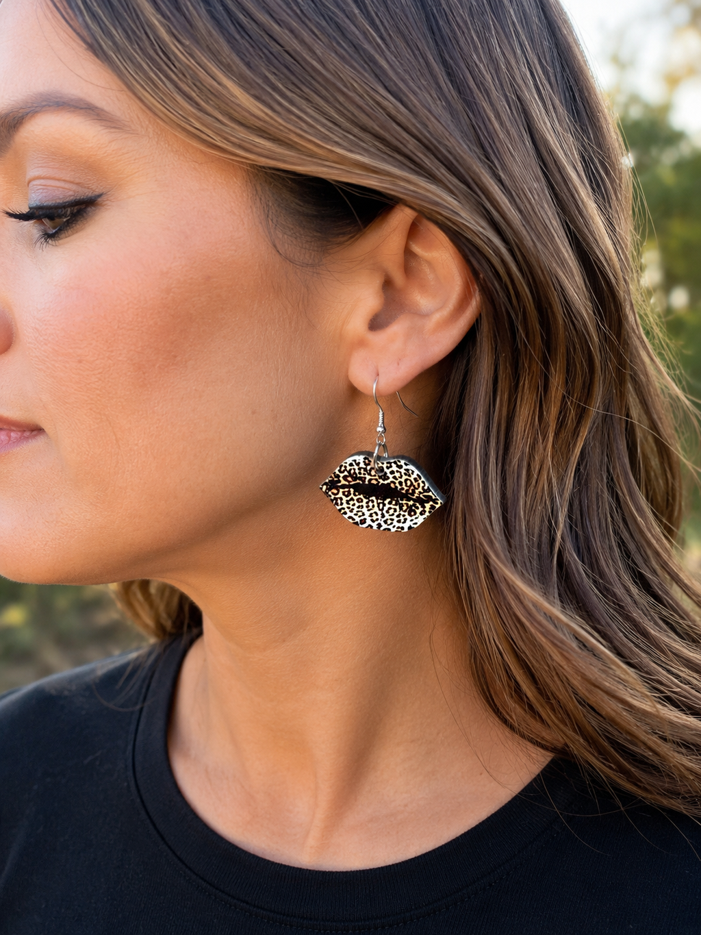 Leopard Print Lips Wood Earrings – Nickel-Free Hooks