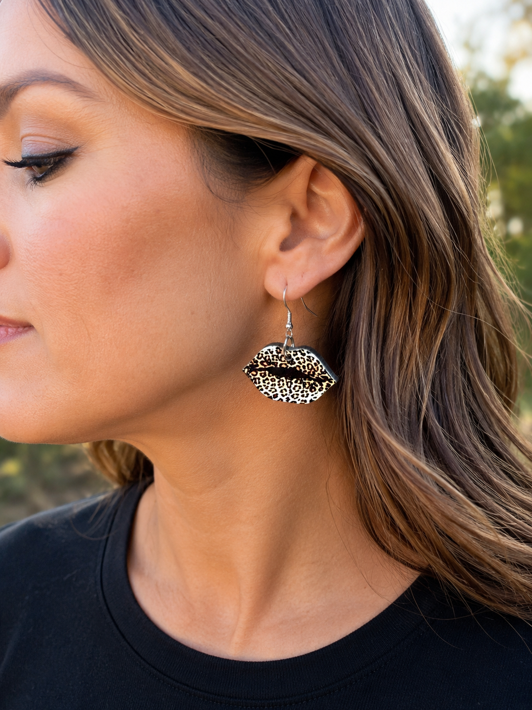 Leopard Print Lips Wood Earrings – Nickel-Free Hooks
