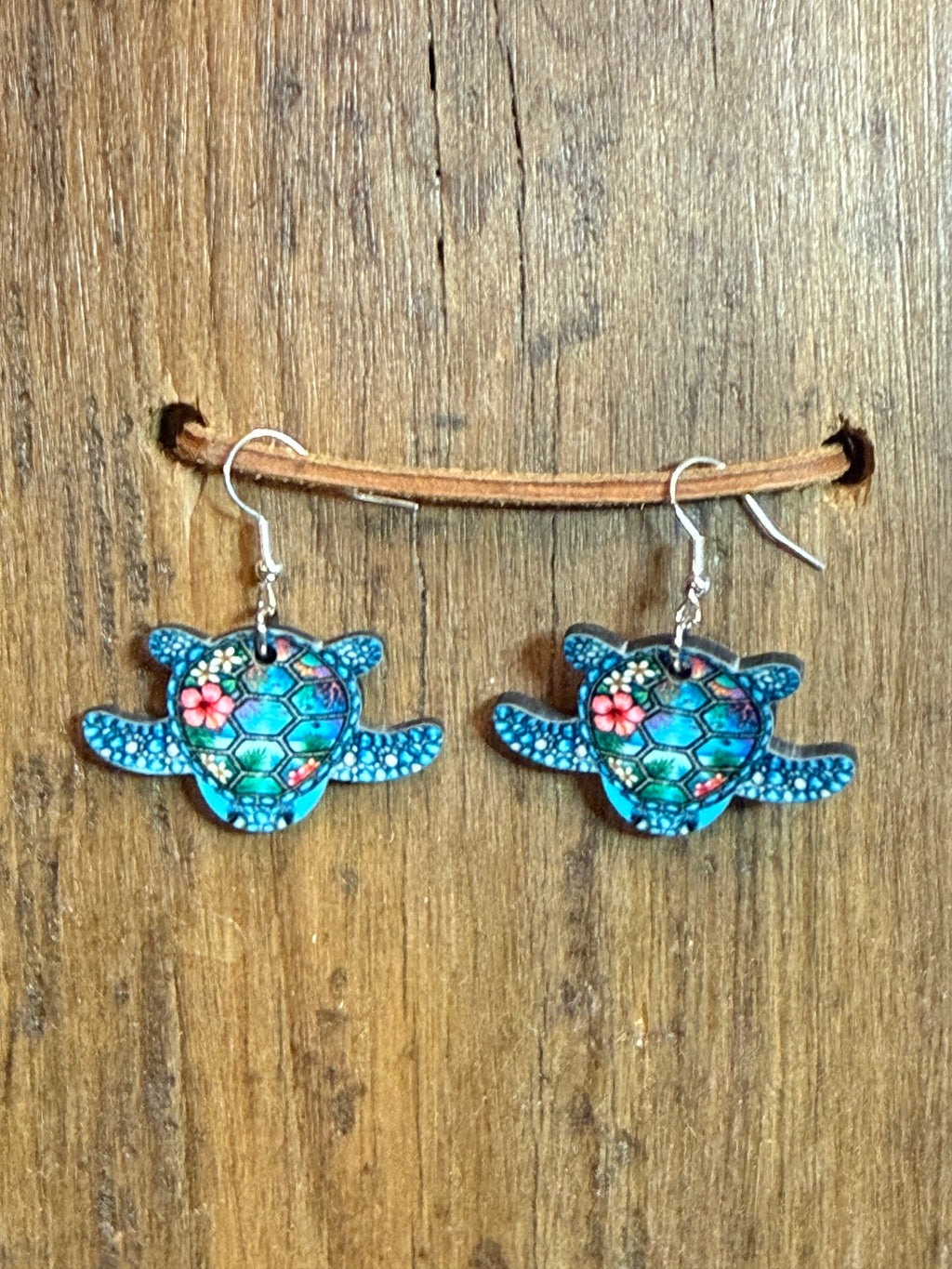 Sea Turtle Floral Wood Dangle Earrings