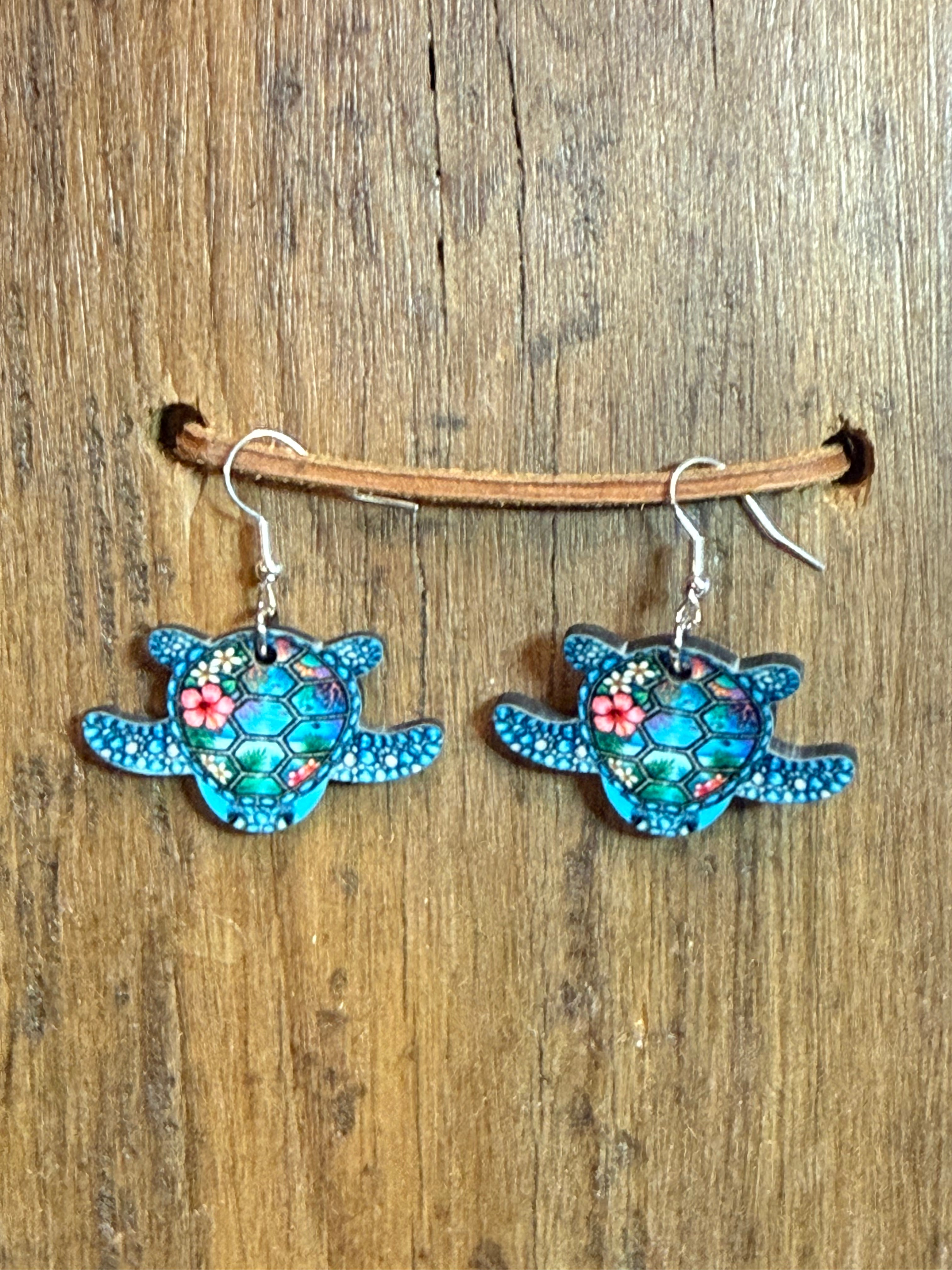 Sea Turtle Floral Wood Dangle Earrings