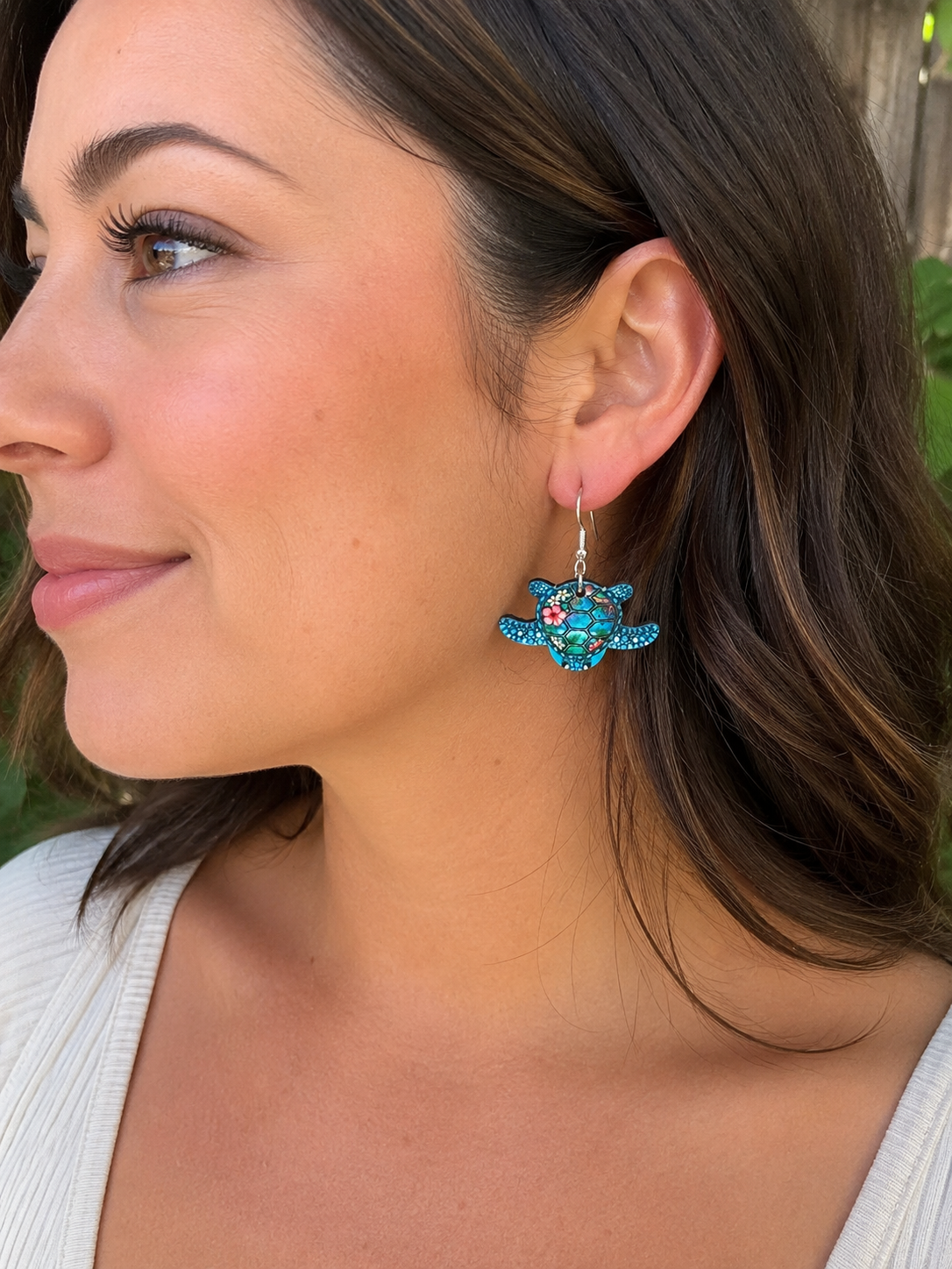 Sea Turtle Floral Wood Dangle Earrings