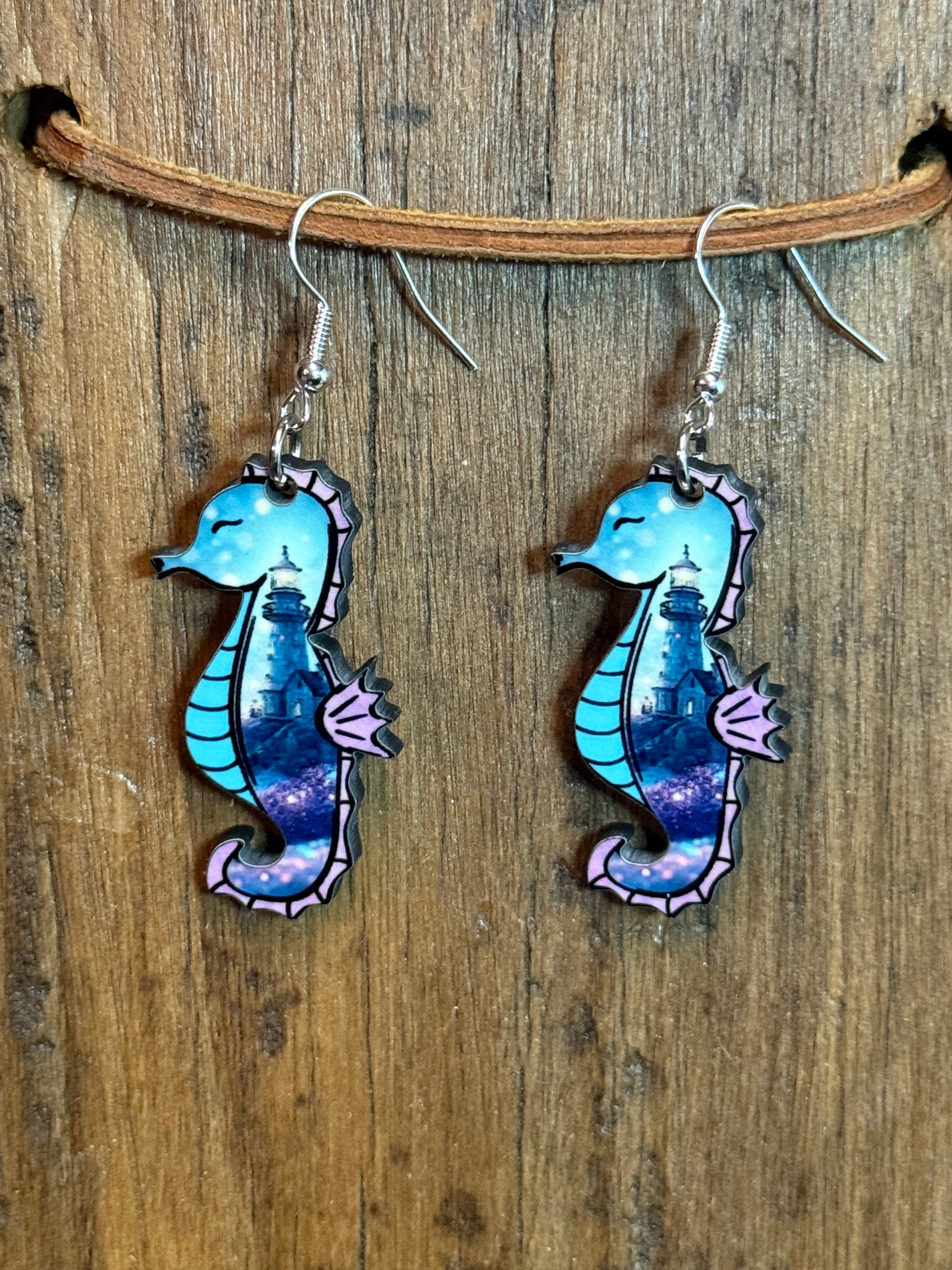 Lighthouse Seahorse Wood Earrings | Coastal Beach Dangle Earrings