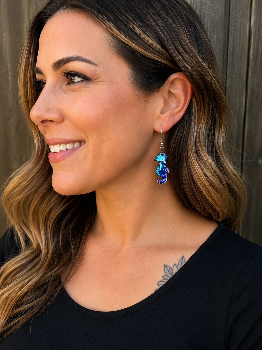 Lighthouse Seahorse Wood Earrings | Coastal Beach Dangle Earrings