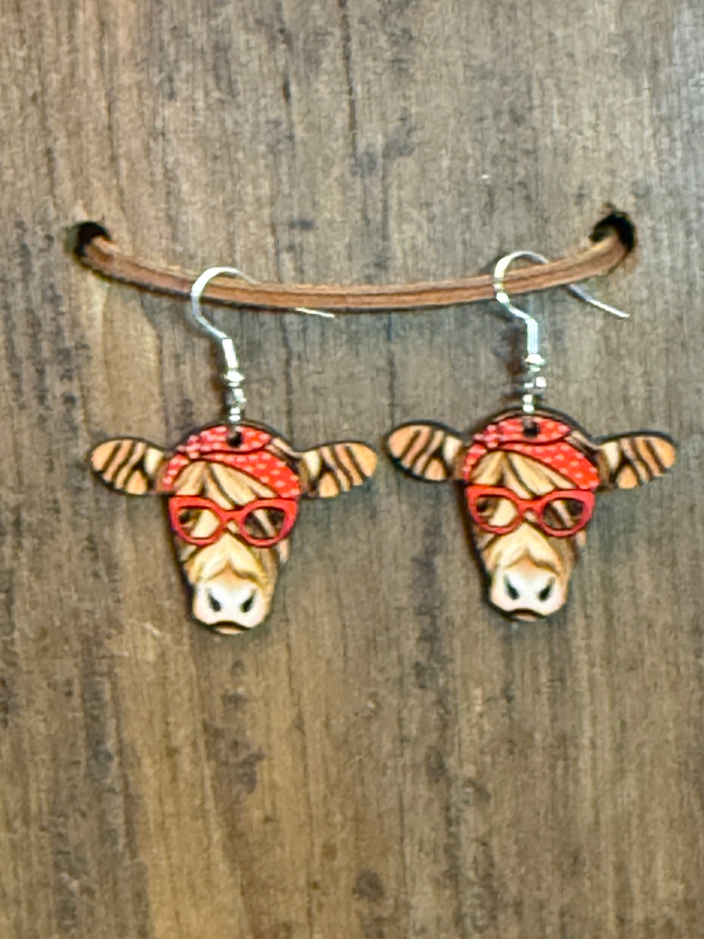 Cow with Red Bandana & Glasses Wood Dangle Earrings | Handmade Western Farm Earrings