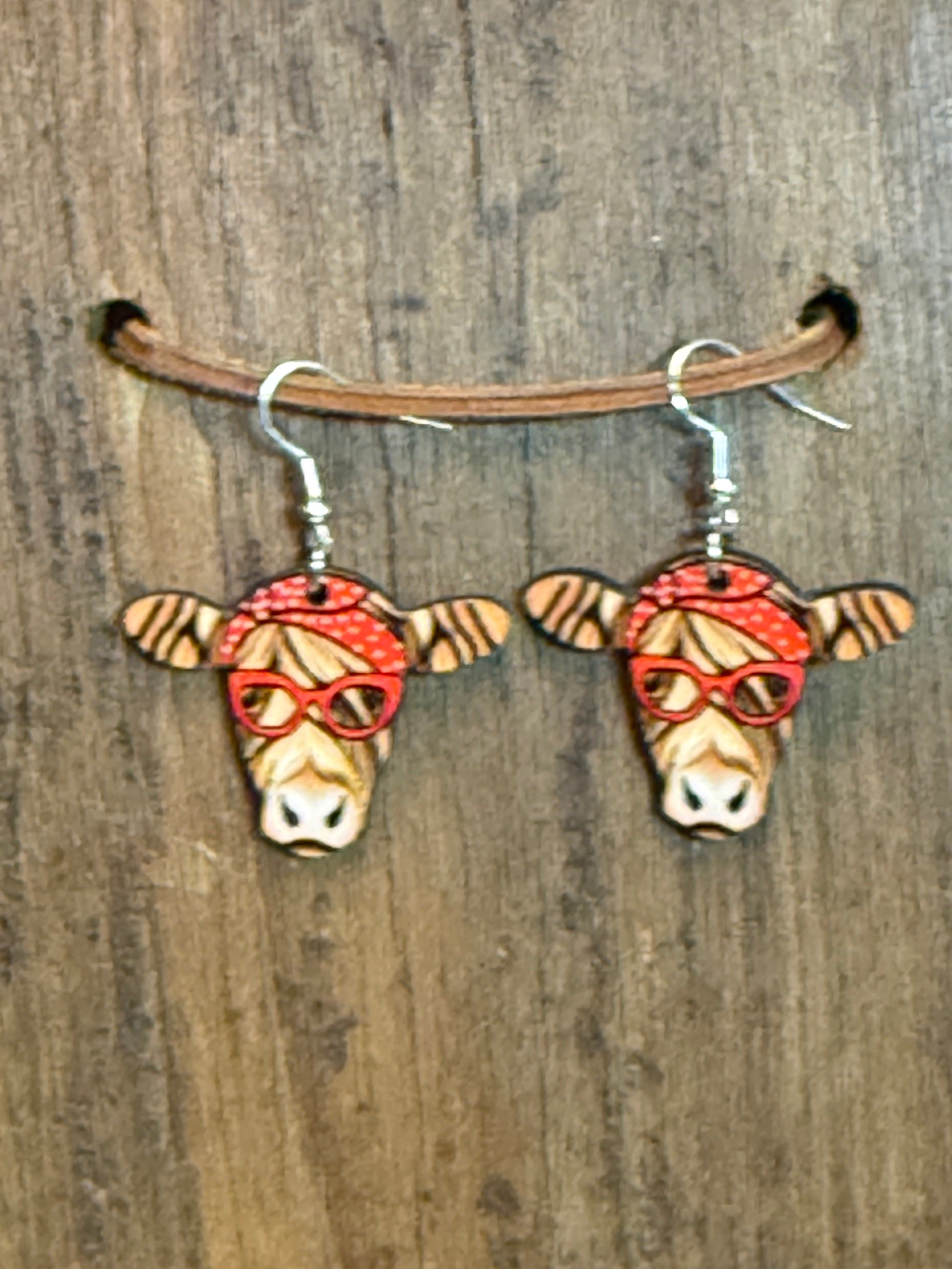 Cow with Red Bandana & Glasses Wood Dangle Earrings | Handmade Western Farm Earrings