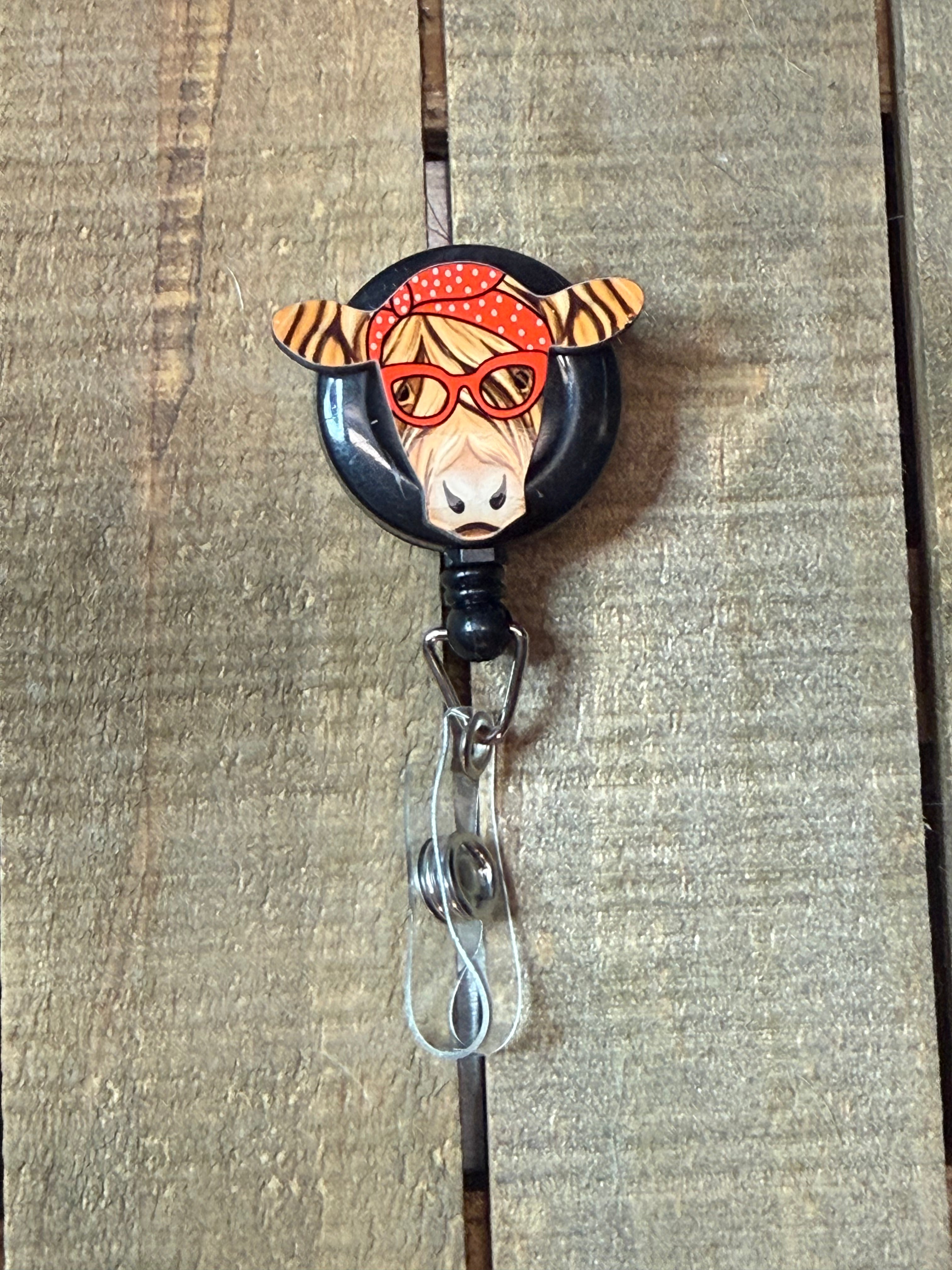 Funny Cow with Red Bandana & Glasses Badge Reel – Retractable ID Holder for Nurses, Teachers & Office Staff