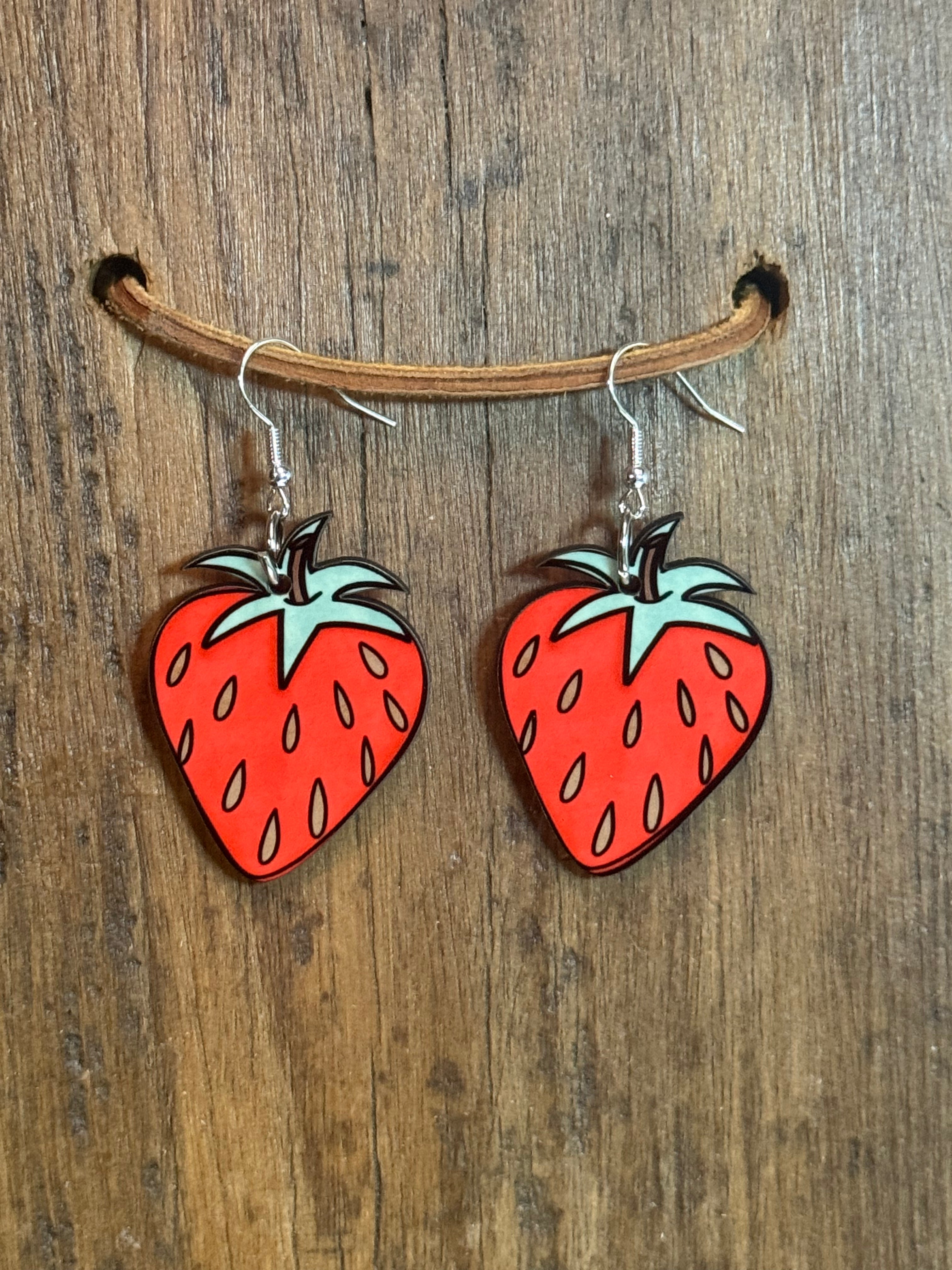 Strawberry Wood Dangle Earrings | 2 Inch Fruit Earrings