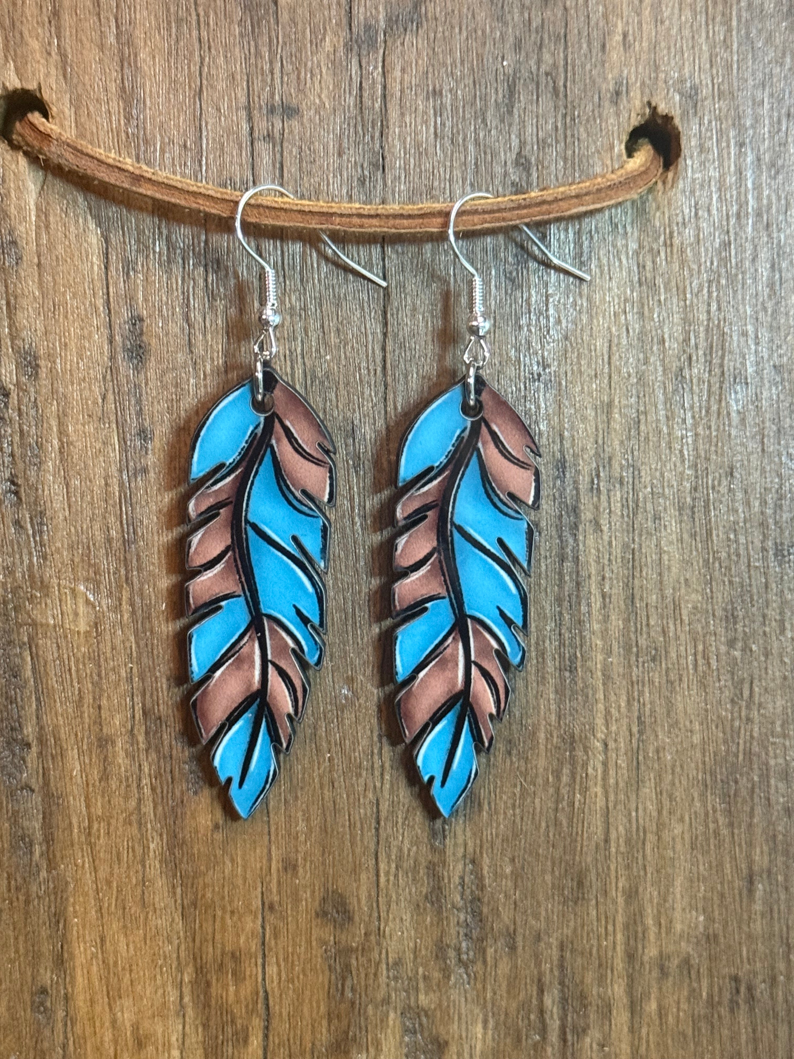 Turquoise & Brown Feather Wood Earrings | Western Earrings