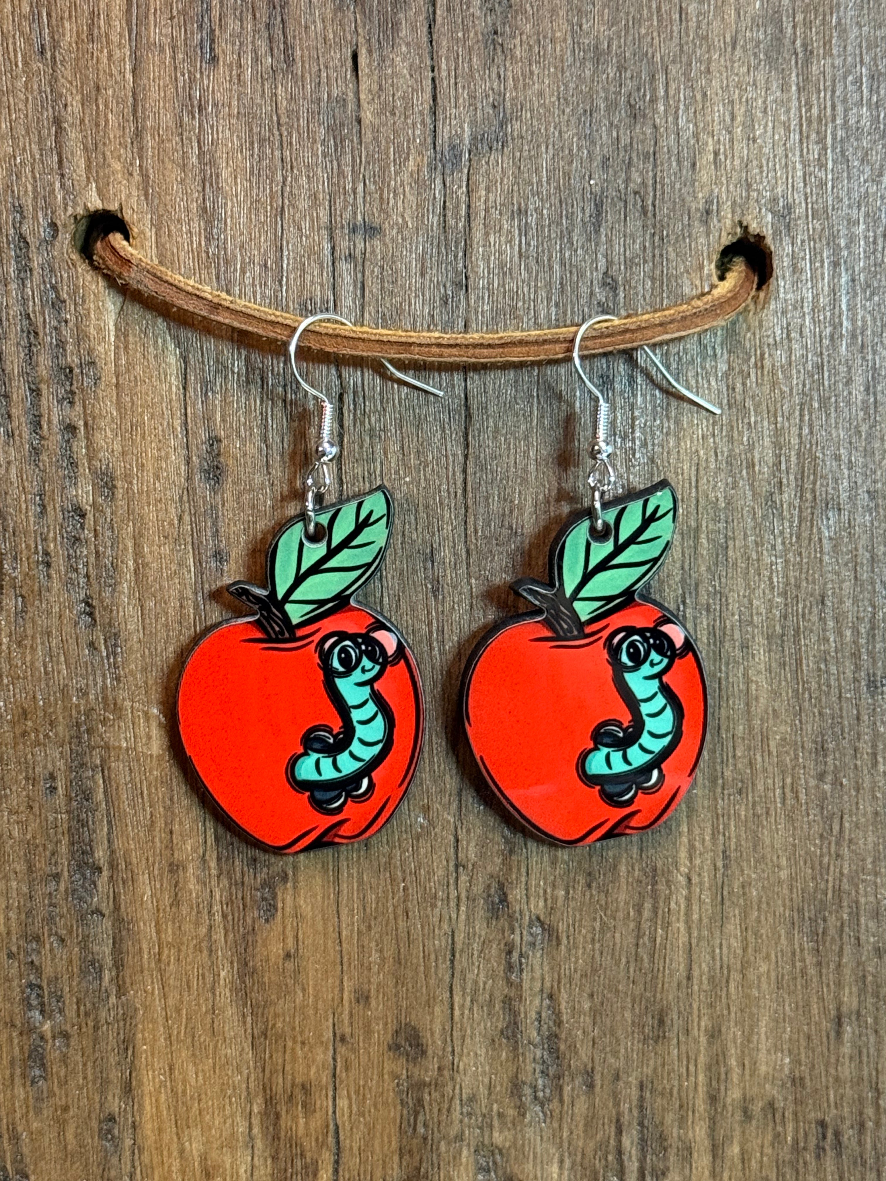 Apple & Bookworm Wood Earrings
