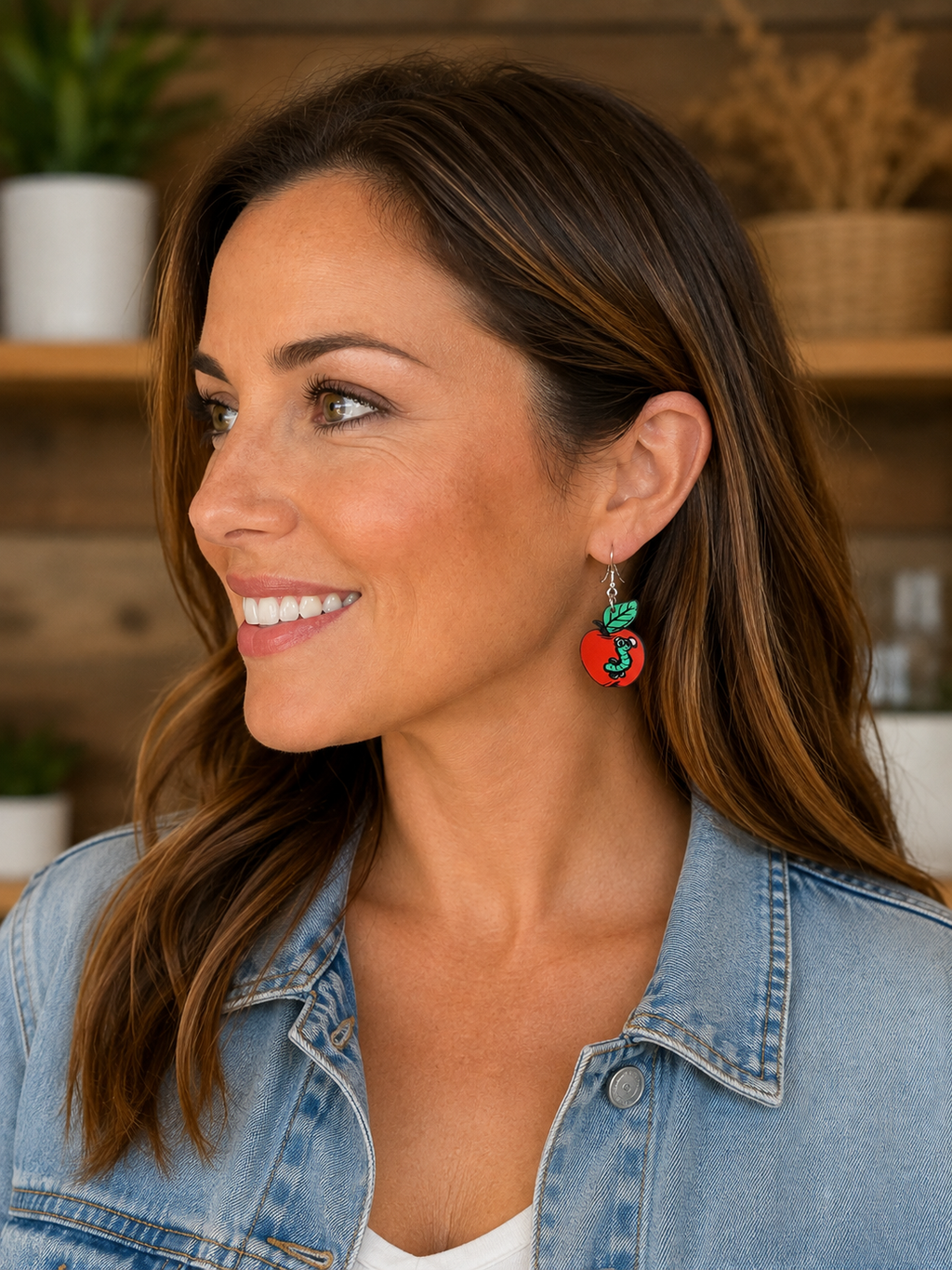 Apple & Bookworm Wood Earrings