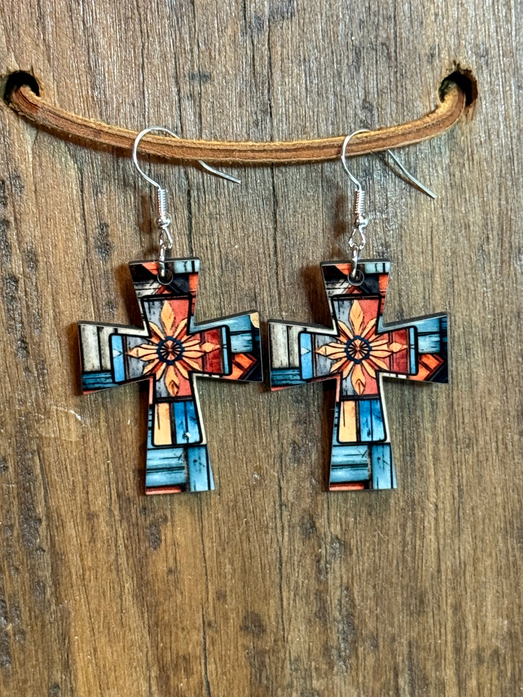 Southwestern Mosaic Cross Wood Earrings