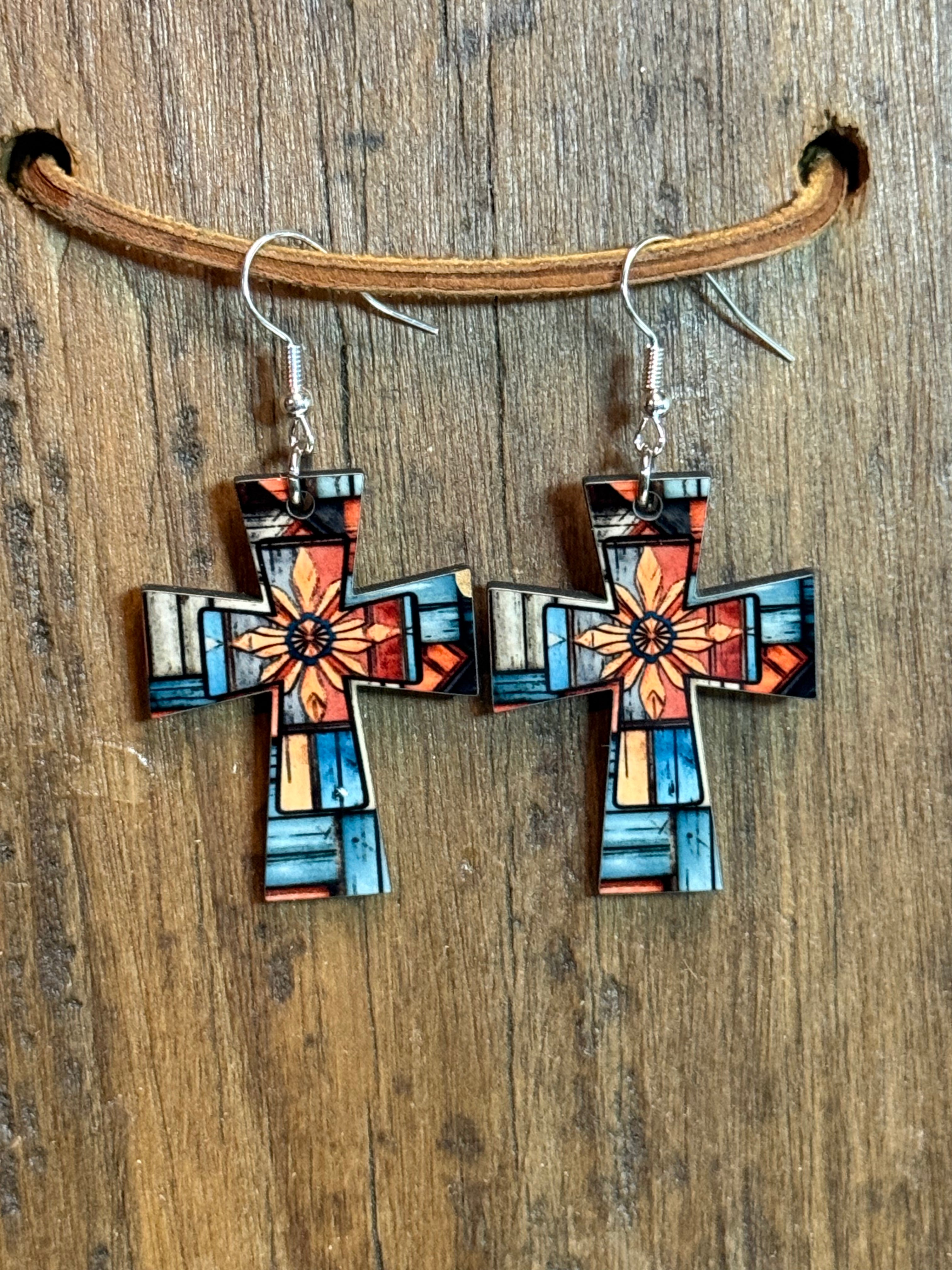Southwestern Mosaic Cross Wood Earrings