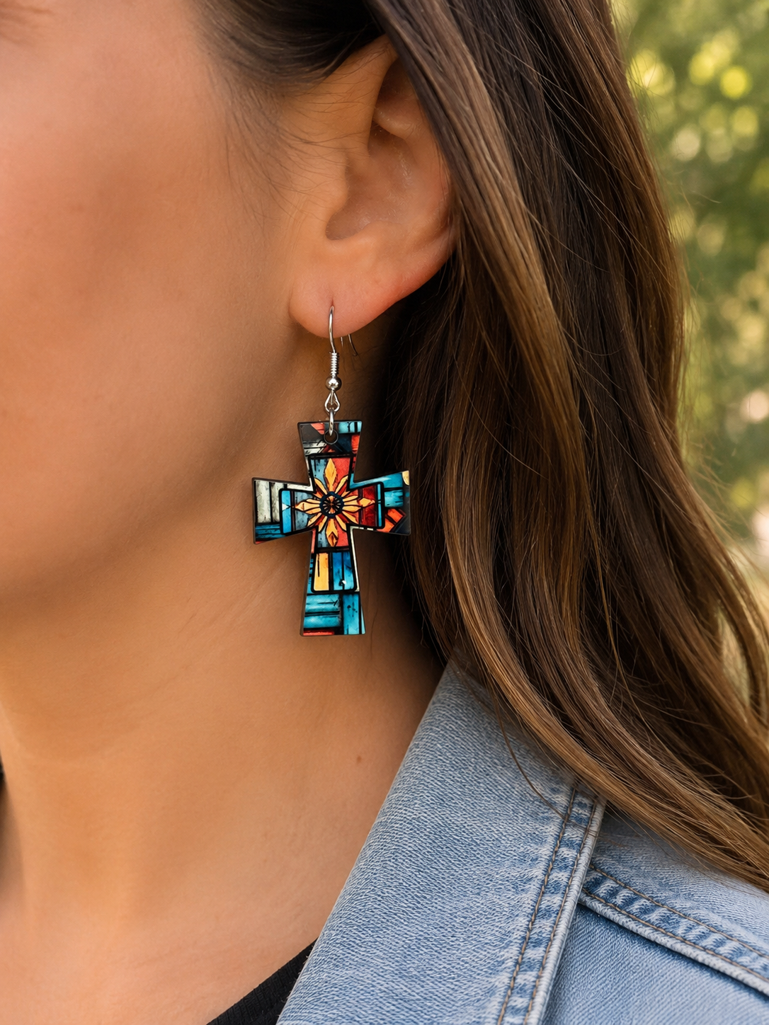 Southwestern Mosaic Cross Wood Earrings
