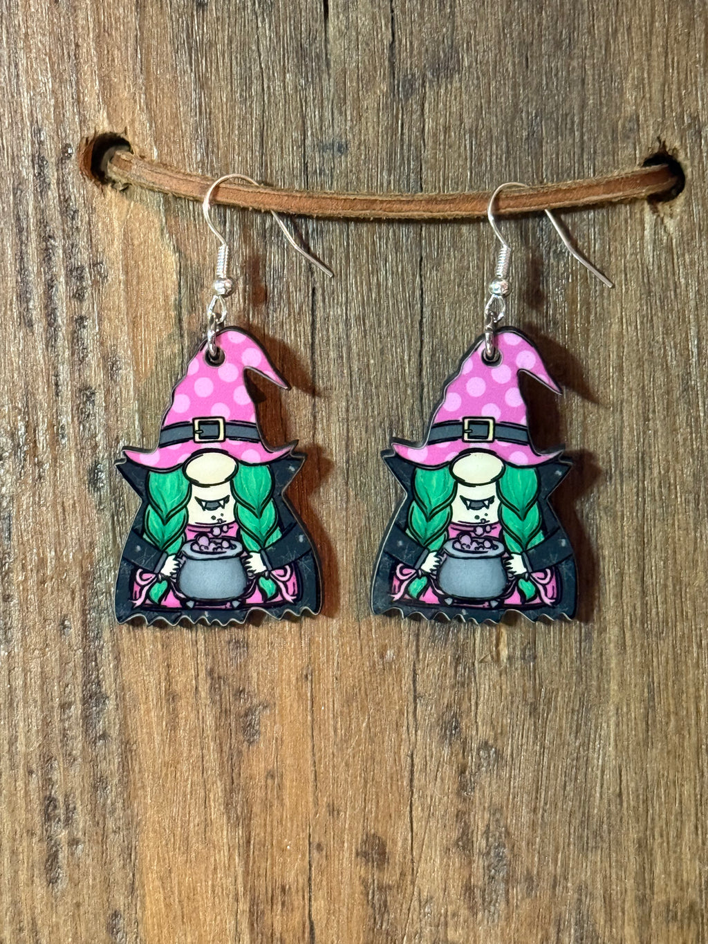 Purple Witch Gnome Halloween Wood Earrings
