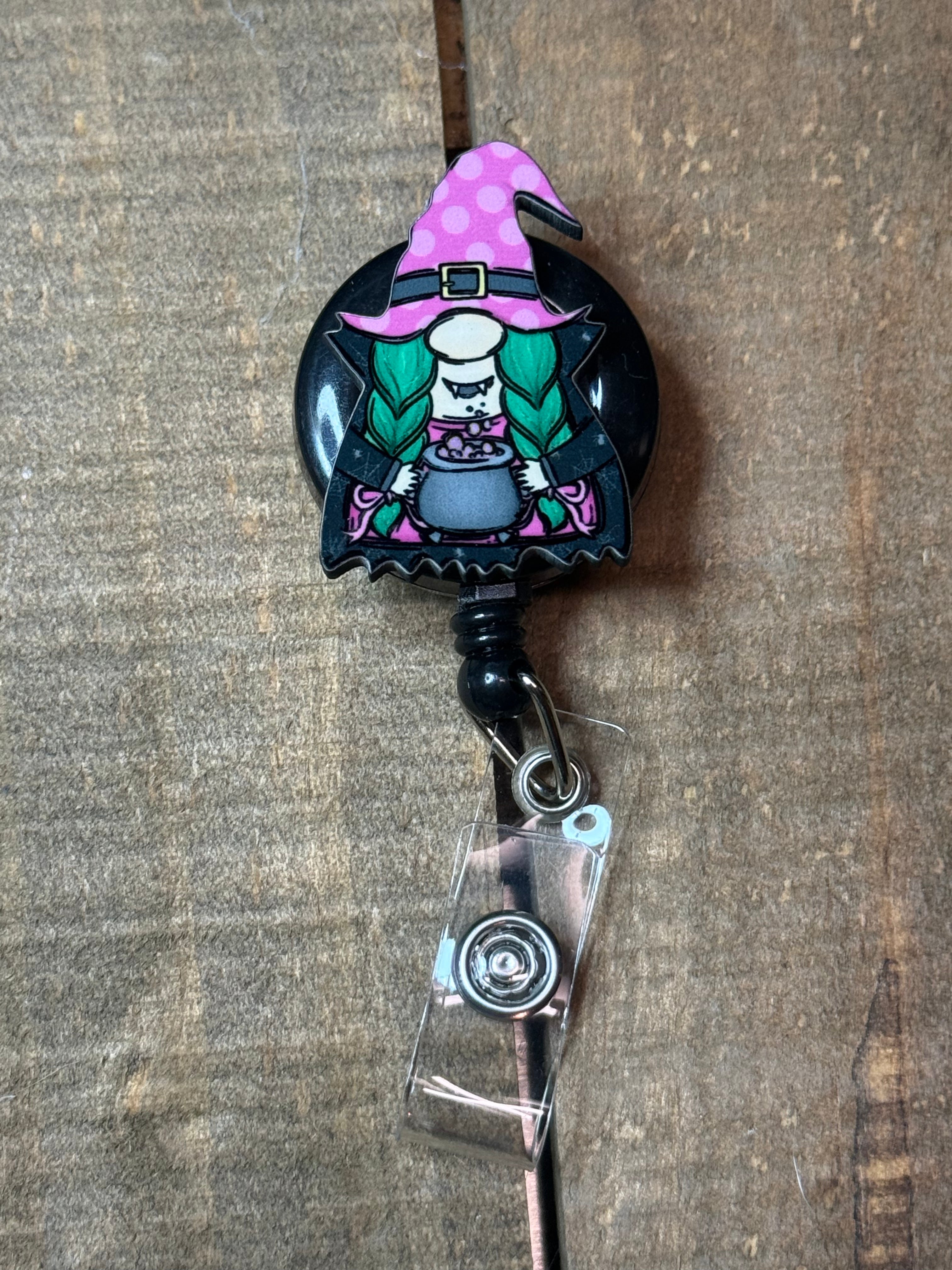 Purple Witch Gnome Halloween Badge Reel