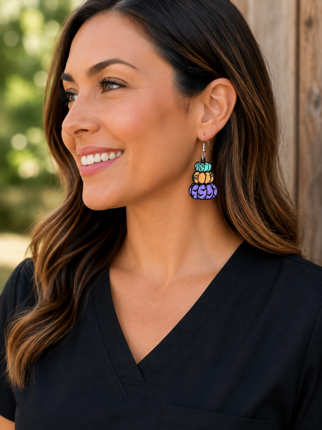 Colorful Stacked Pumpkin Halloween Wood Earrings