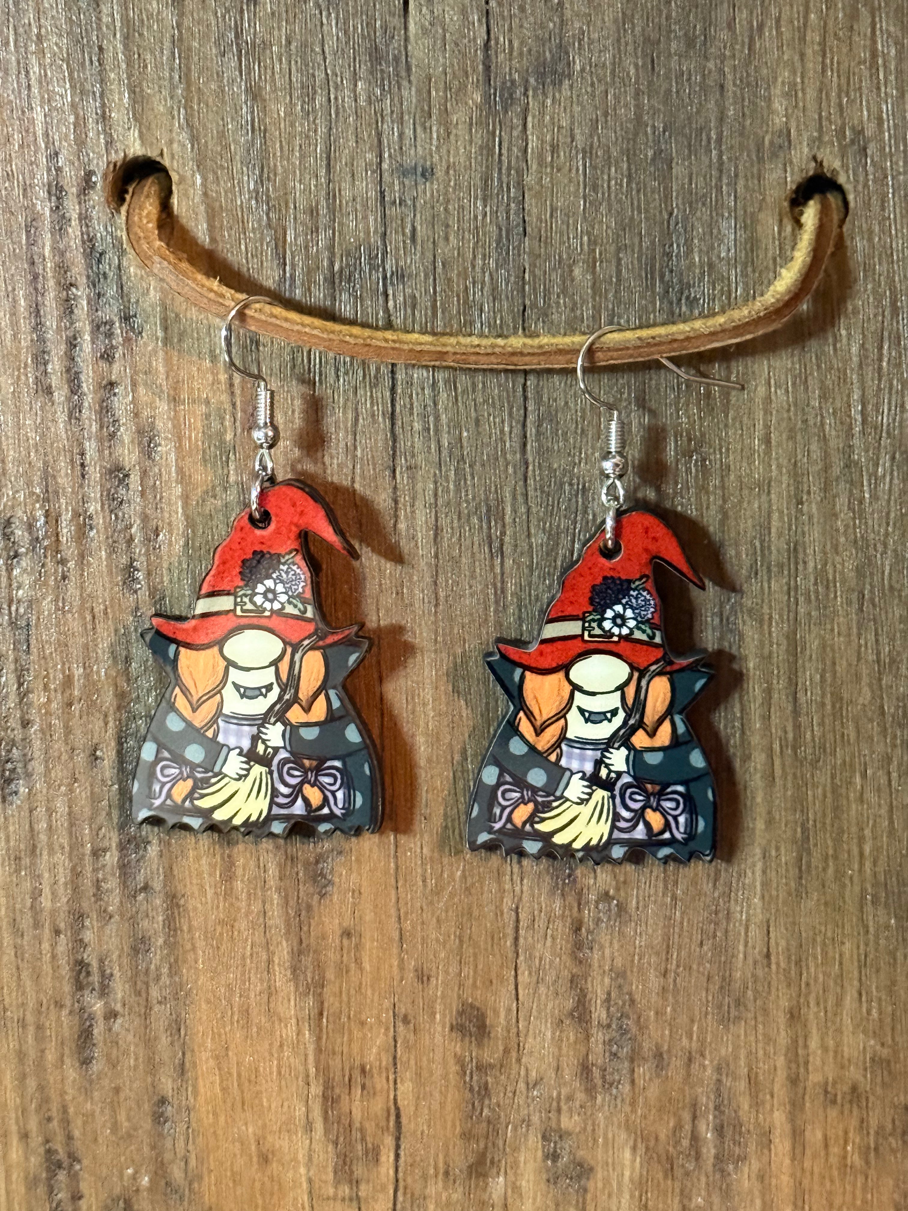 Halloween Witch Gnome Wood Earrings | Spooky Fall Earrings