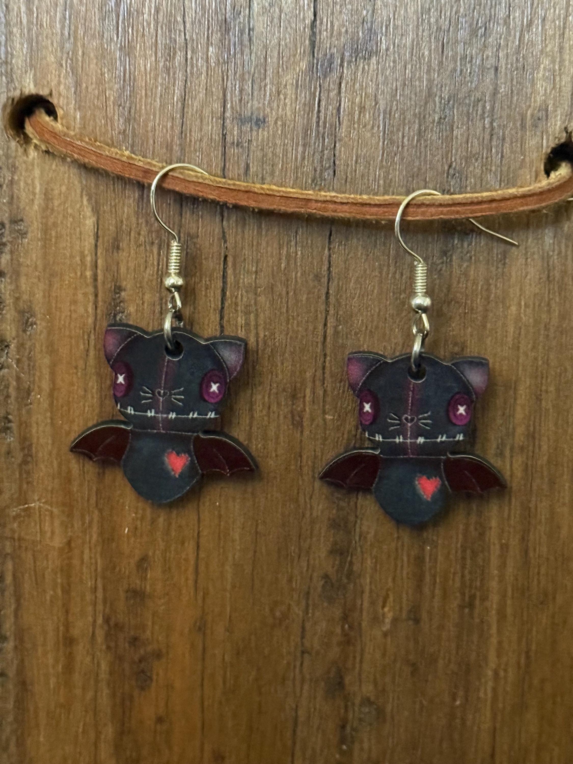 Halloween Mini Chubby Bat Earrings – Wooden & Nickel-Free Metal – Spooky Fall Jewelry