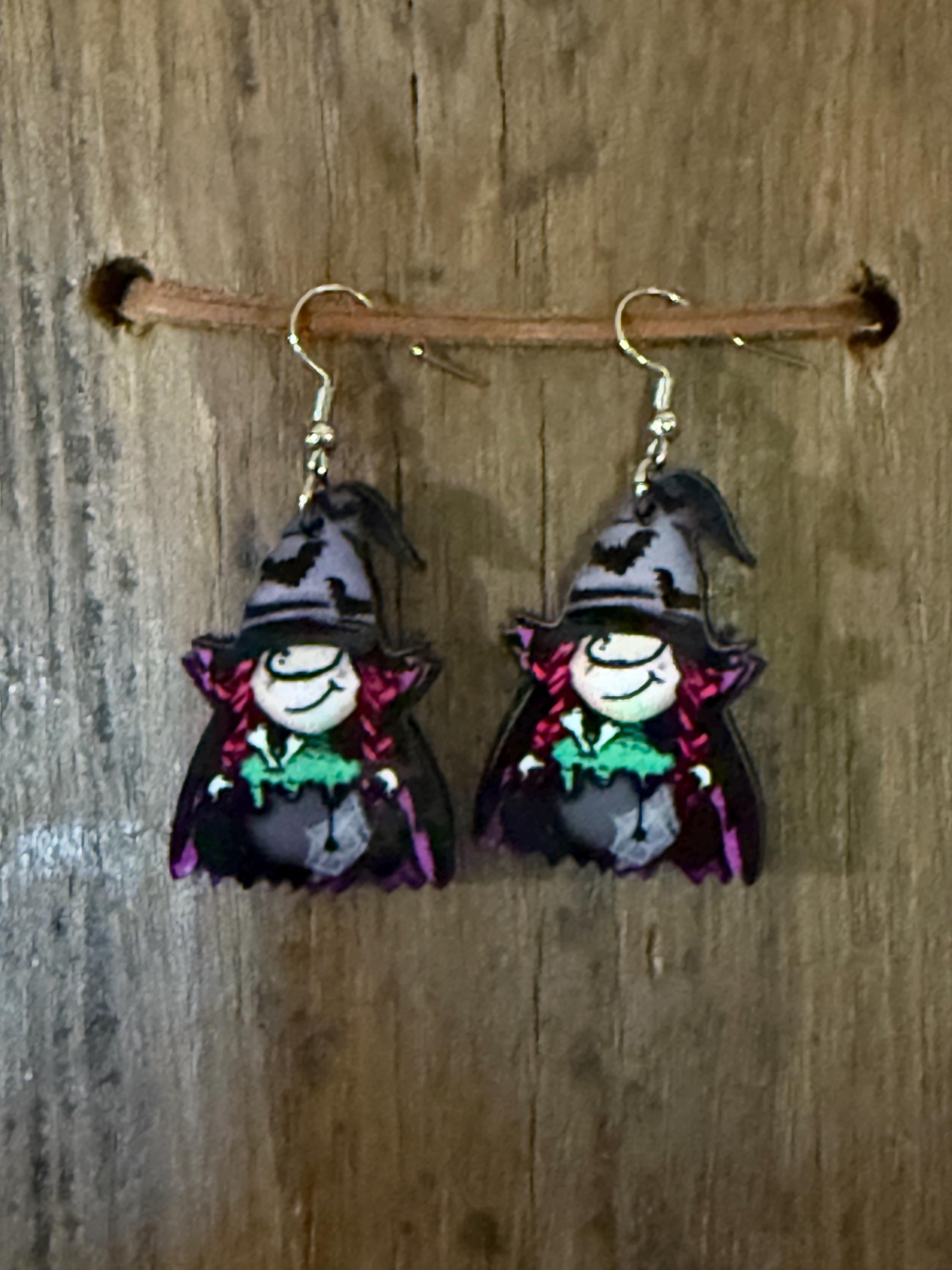 Halloween Witch Earrings – Wooden & Nickel-Free Hooks – Spooky Cute Fall Jewelry